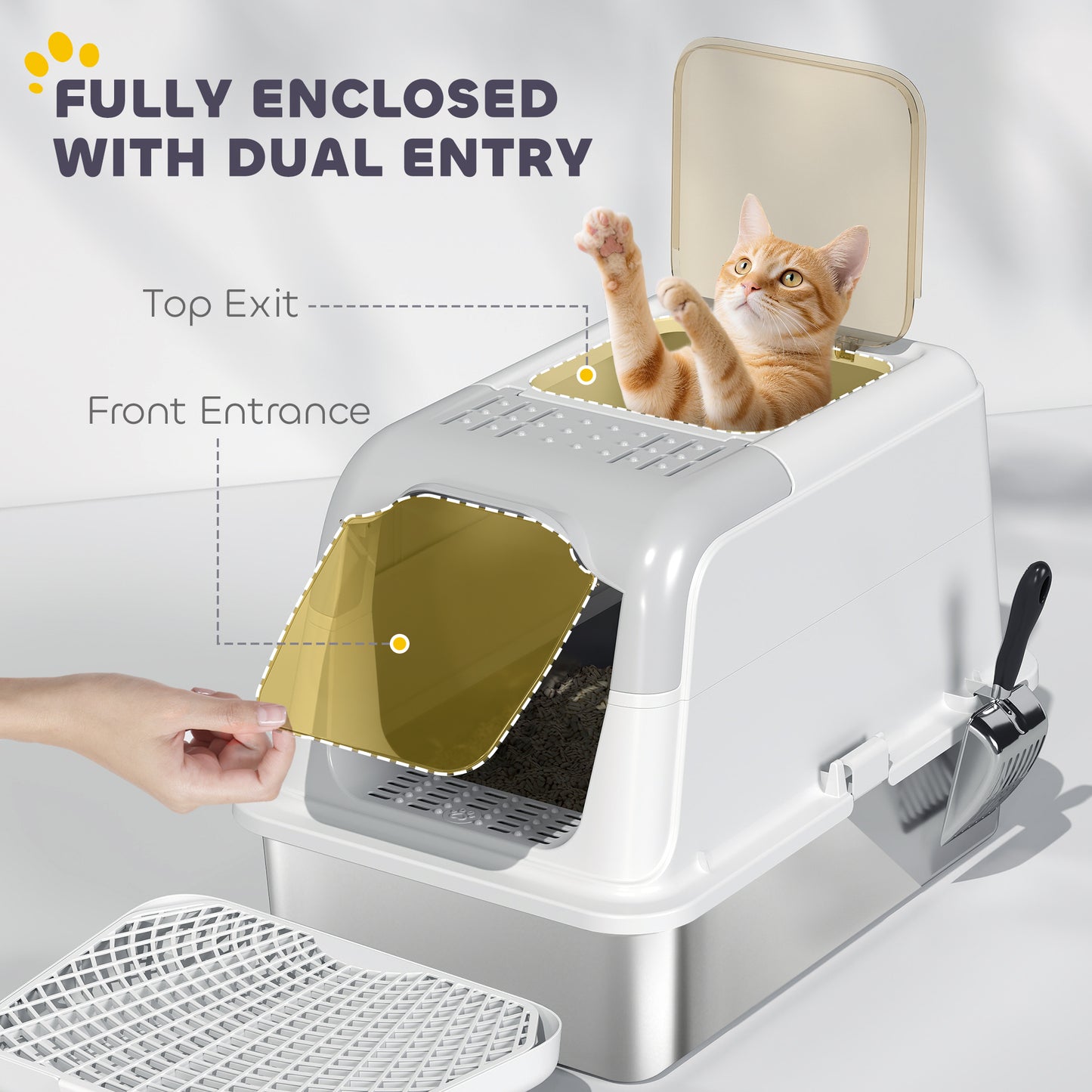 Enclosed Stainless Steel Cat Litter Box with Scoop & Pedal - Large White