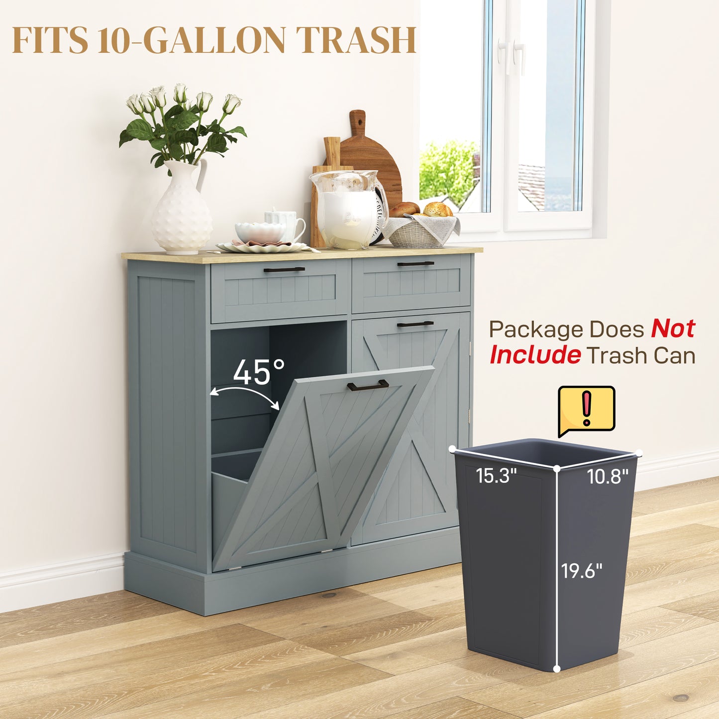 Farmhouse Tilt-Out Trash Can Cabinet with 2 Drawers - Gray