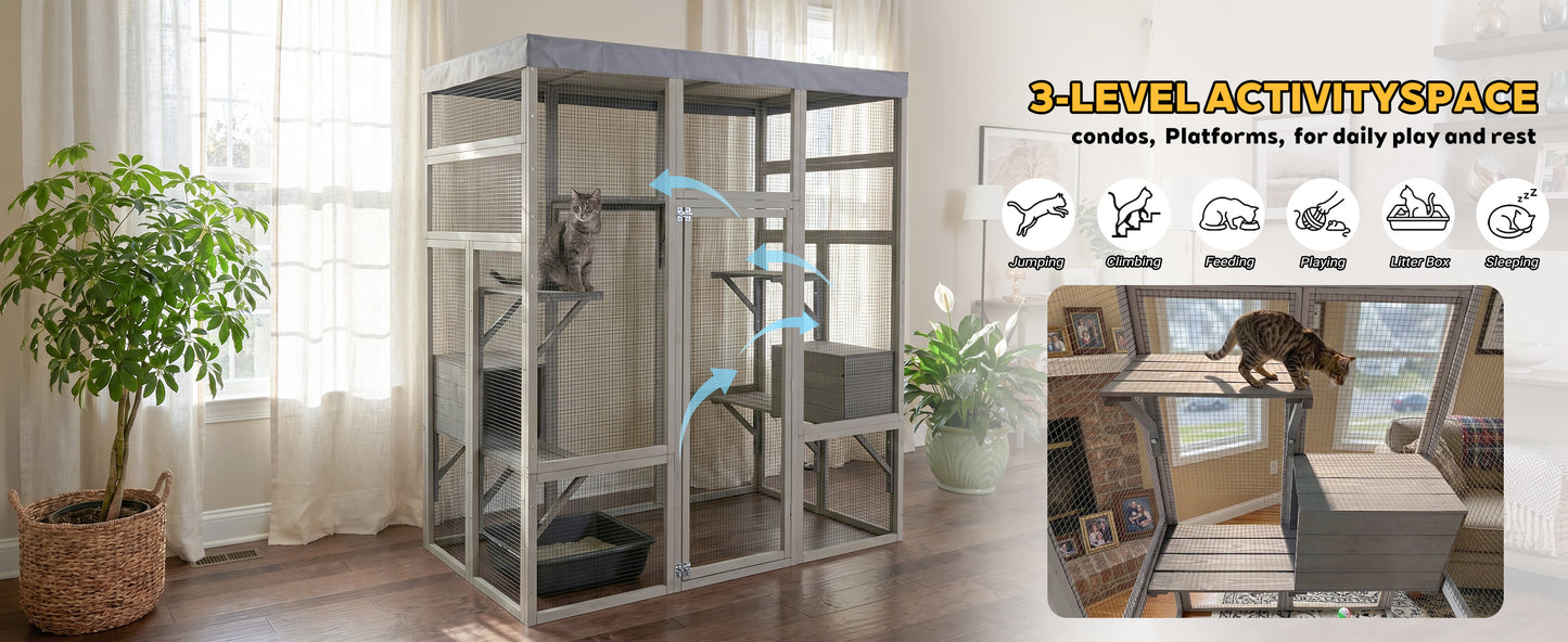 Gray Wooden Cat Enclosure with Waterproof Top, 2 Napping Boxes, Spacious & Secure