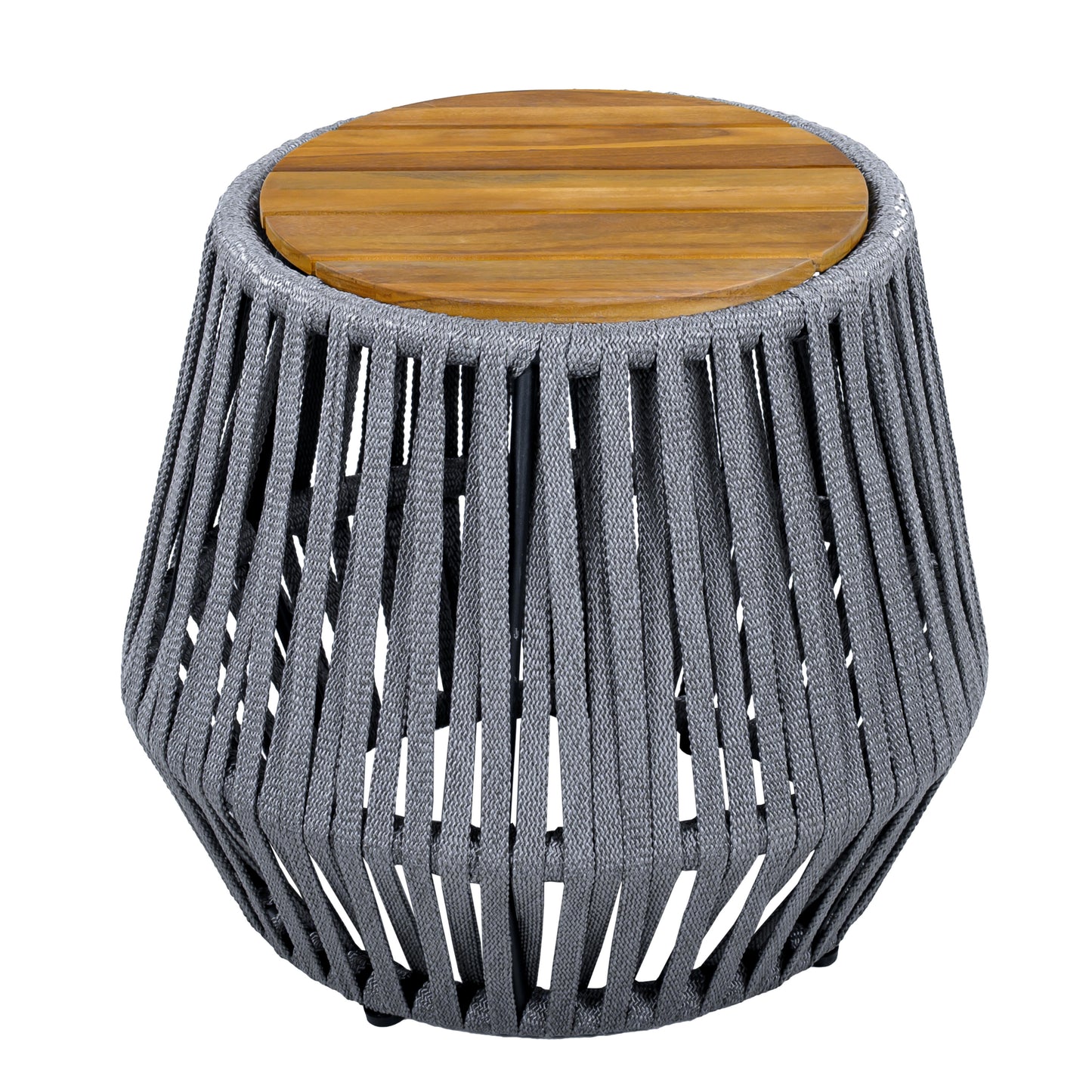 Outdoor Side Table with Acacia Wood & Grey Rope - Teak Finish