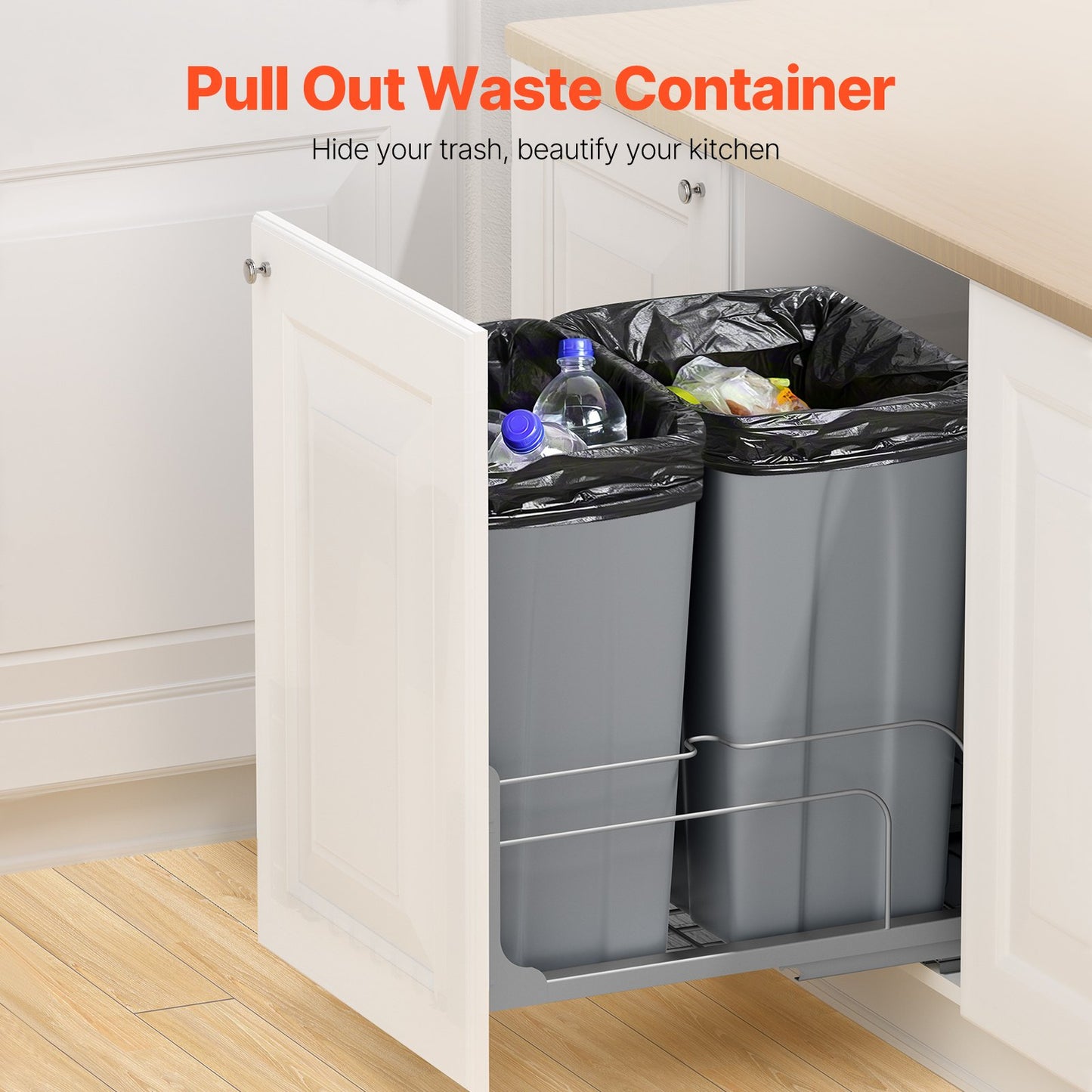 Pull-Out Kitchen Trash Can with Soft Close - 50QT Dual Bin, Grey