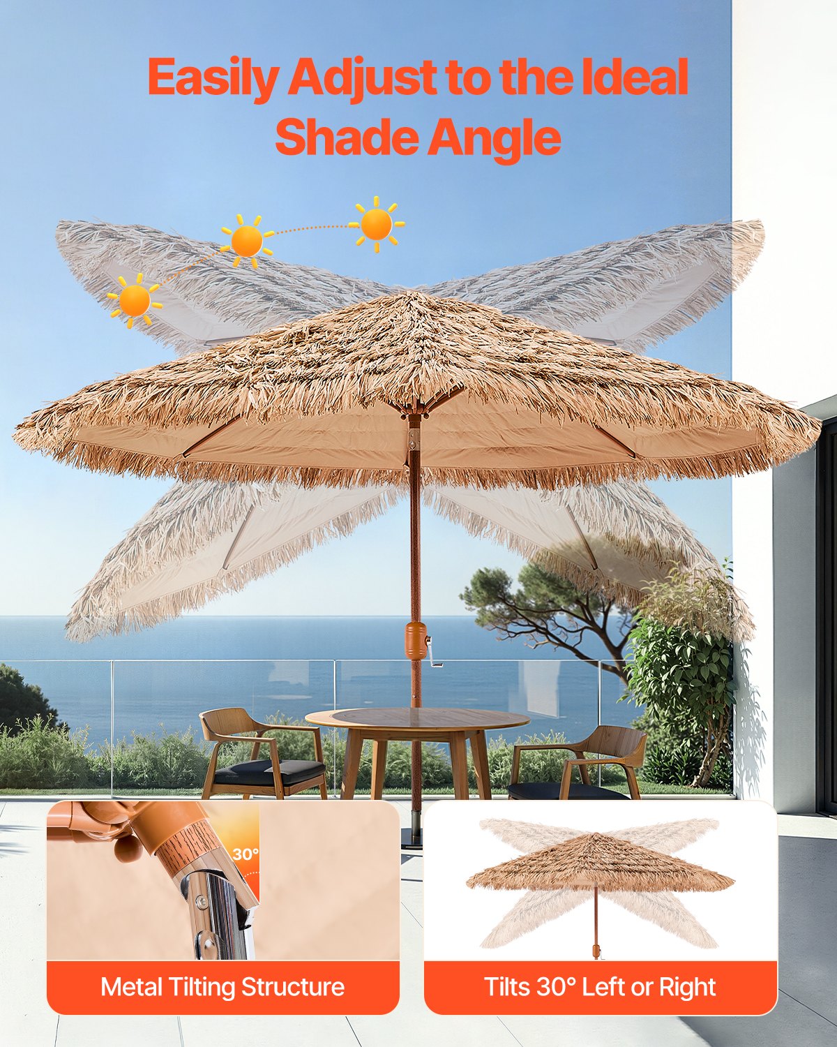 9 Ft Thatched Tiki Umbrella with Adjustable Tilt for Patio & Beach