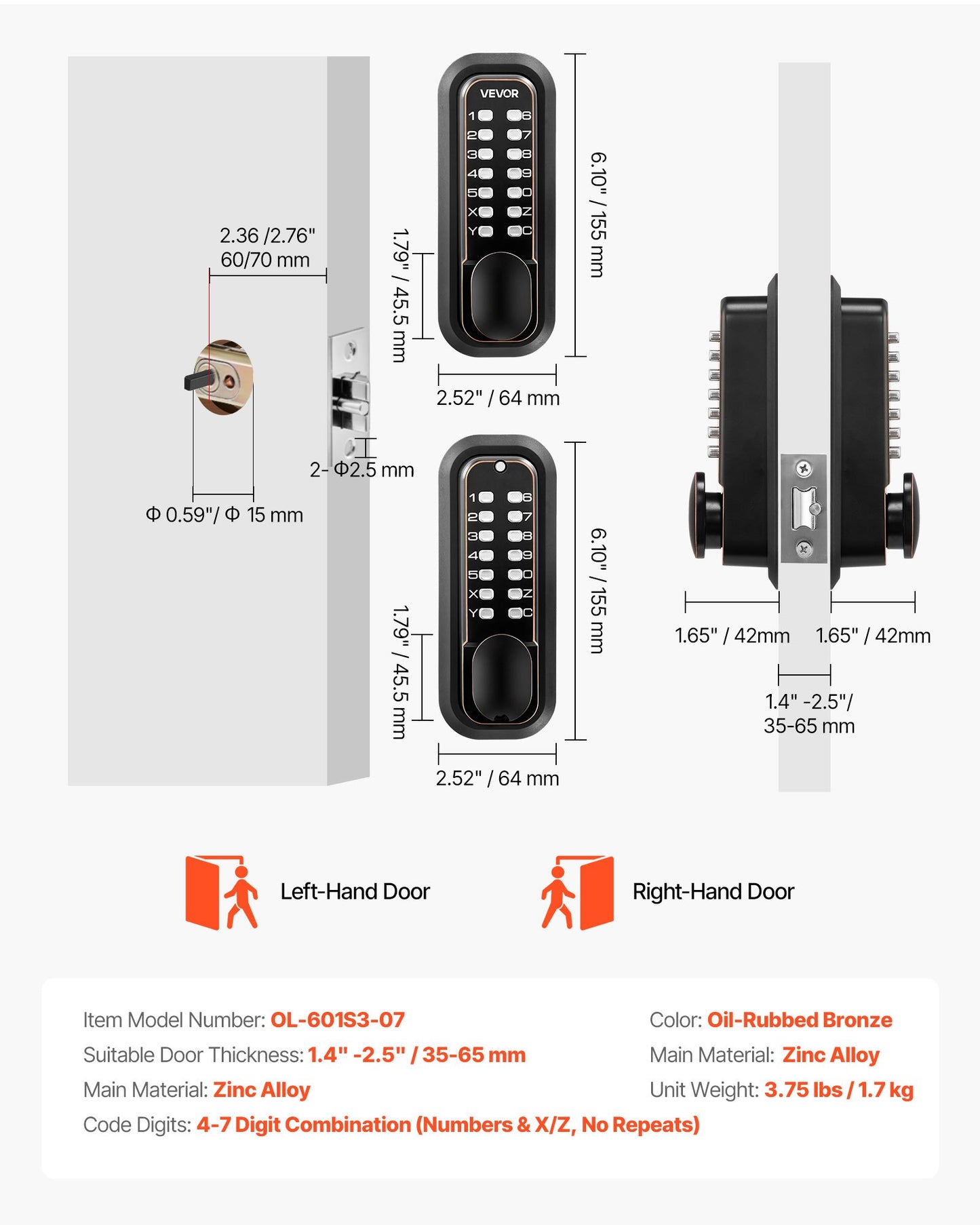 Mechanical Keyless Door Lock with 4-7 Digit Code – Double-Sided Push Button, Auto Locking, Oil-Rubbed Bronze, Black