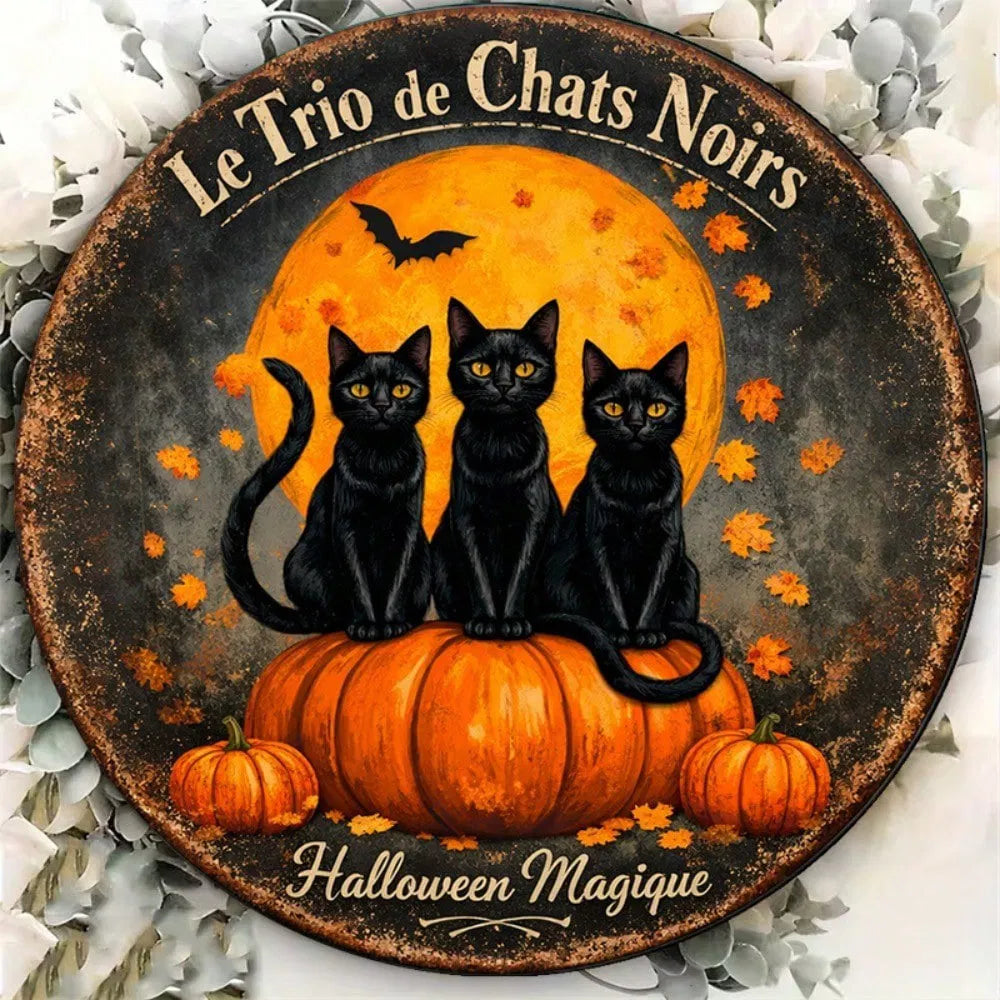 Vintage Metal Tin Sign - 8x8 Inch Round Plaque with Three Black Cats