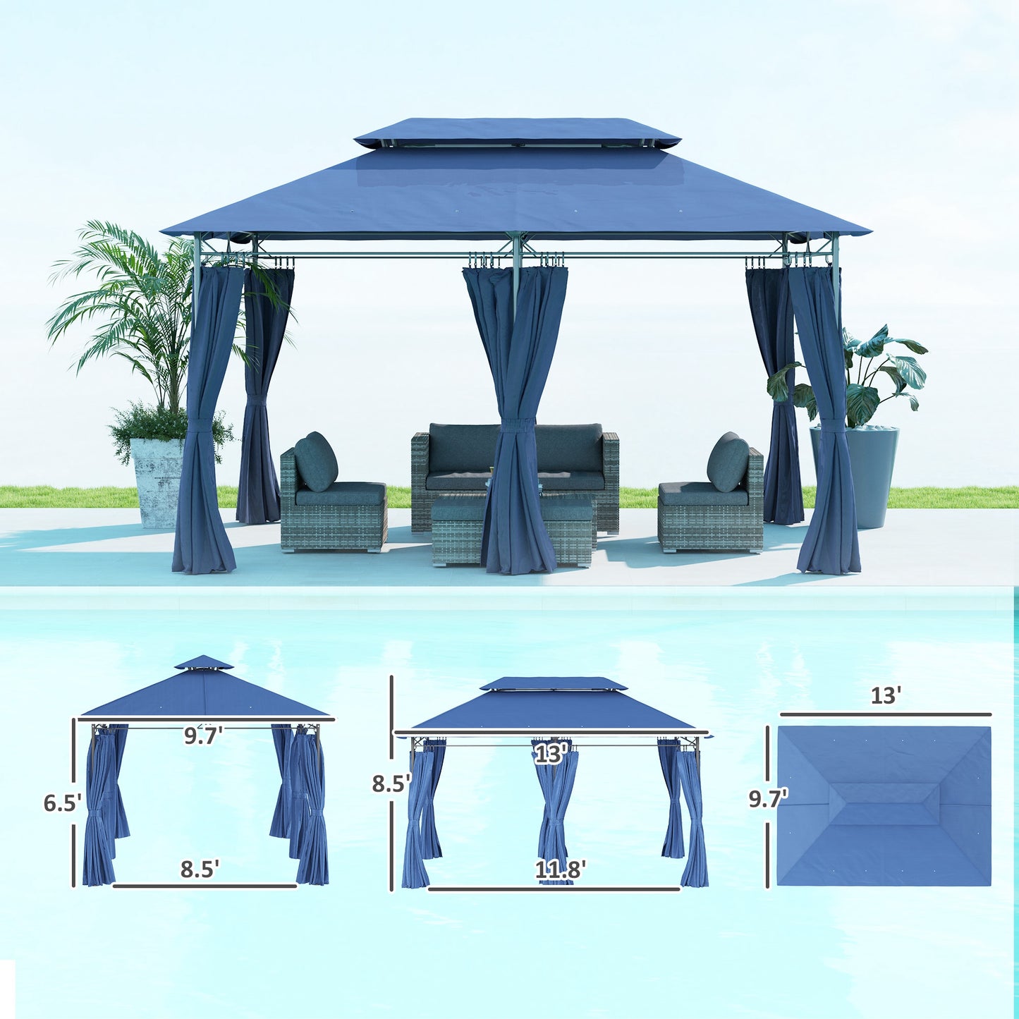 Outdoor Gazebo with Curtains - 10x13 Double Roof, Dark Blue