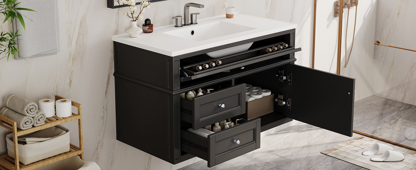 36-Inch Wall Mounted Bathroom Vanity with Ceramic Sink - Black