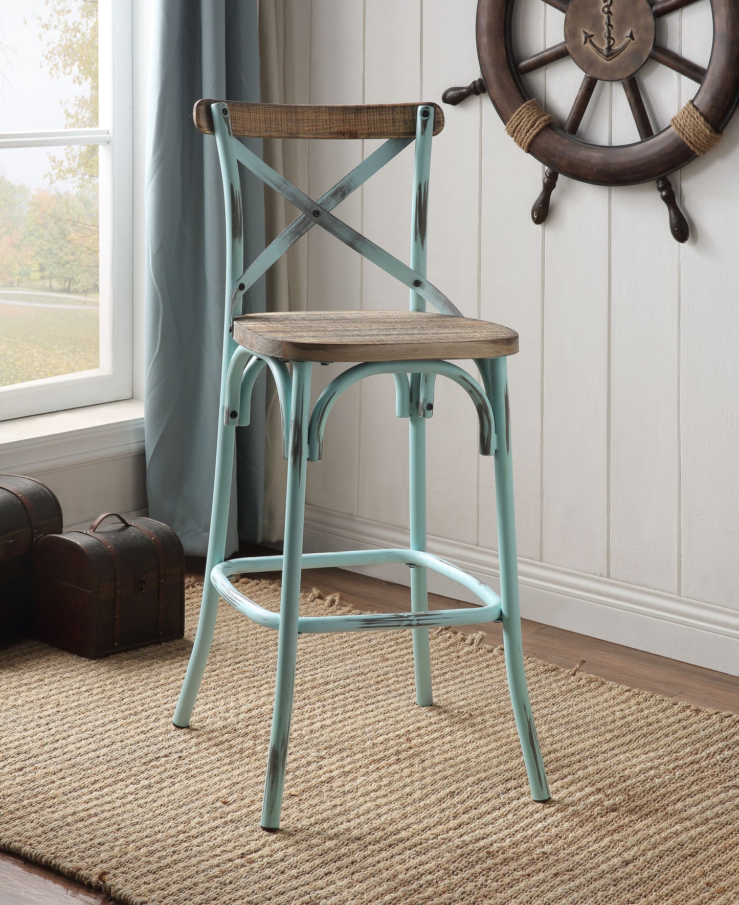 Antique Turquoise & Oak Finish Bar Chair - Zaire Design