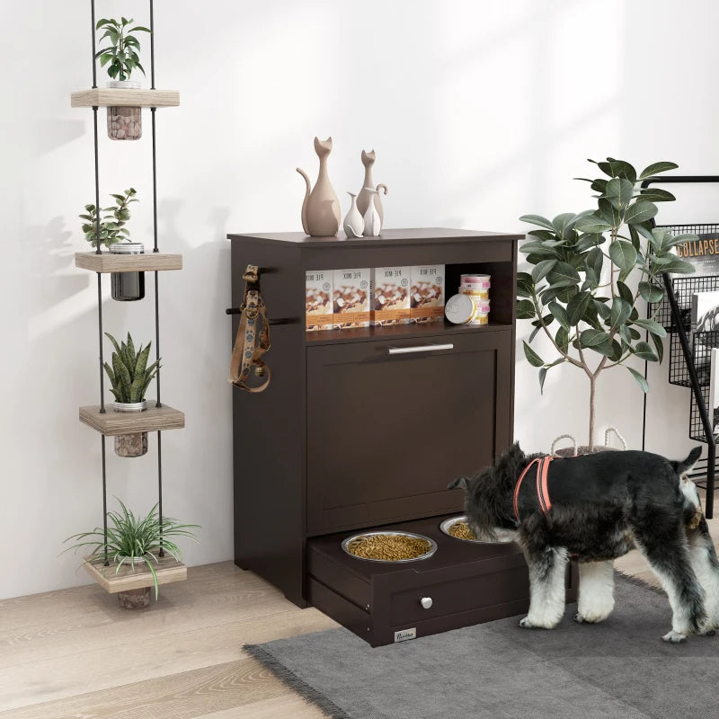 Dog Food Storage Cabinet with Elevated Bowls and Side Hooks - Brown