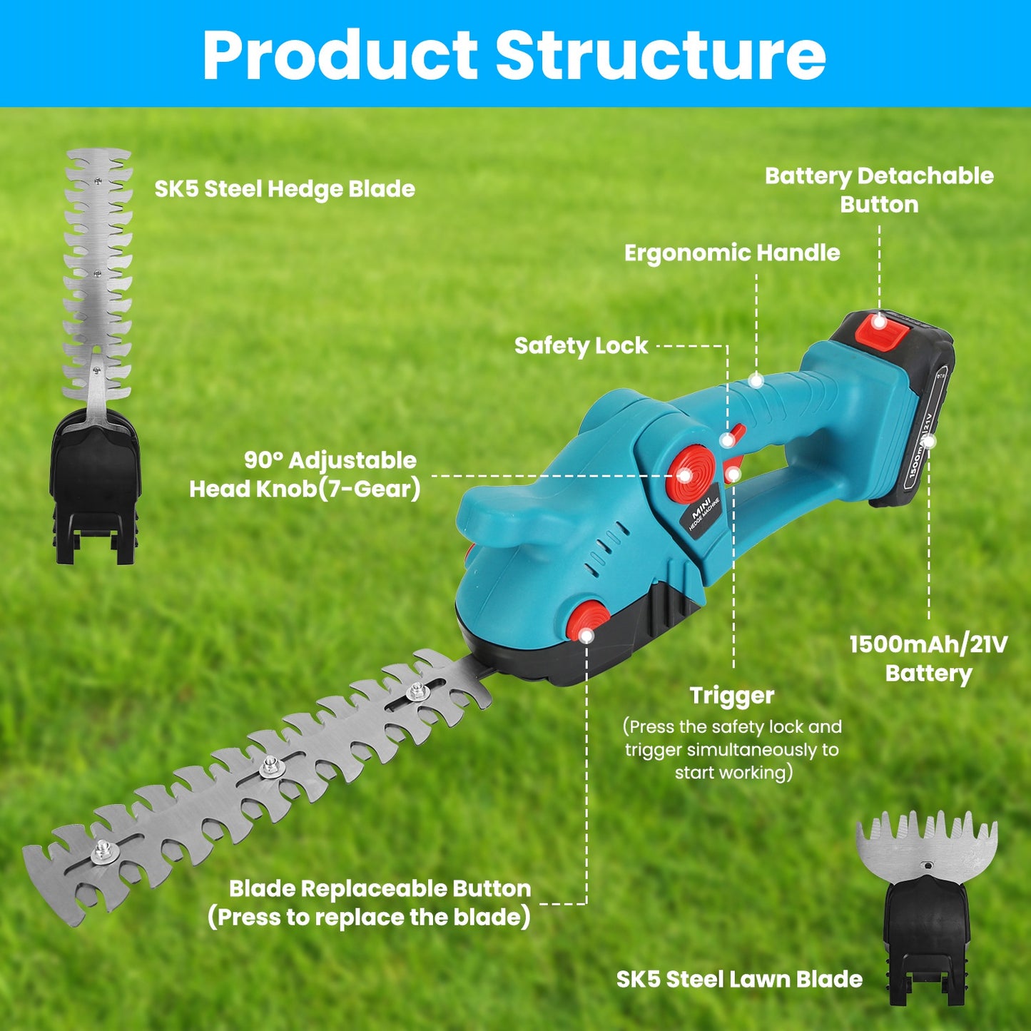 Cordless Multi-Function Hedge Trimmer with Telescopic Pole & Batteries - Blue