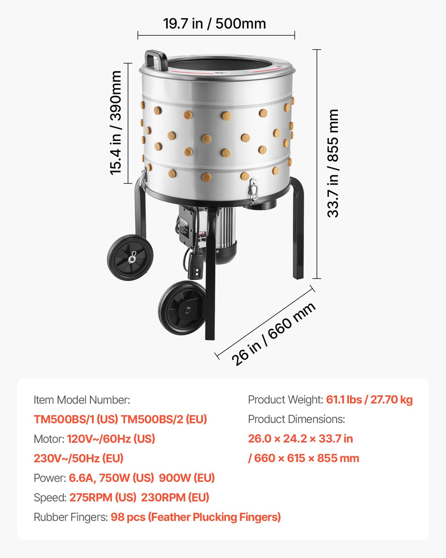 Electric Chicken Plucker Machine 19.7-Inch Drum 750W Stainless Steel Feather Remover