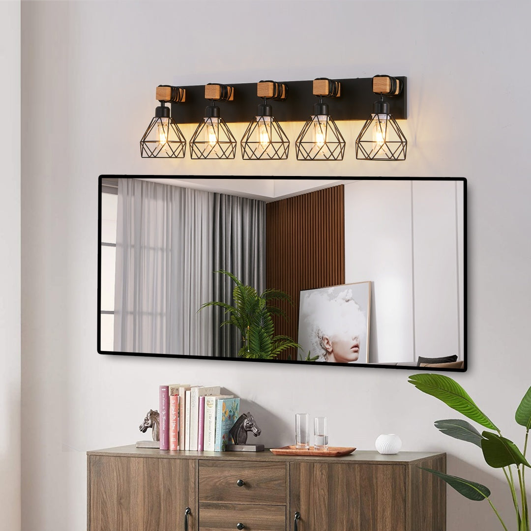 Modern Geometric 5-Light Vanity Light Fixture - Black Metal & Wood