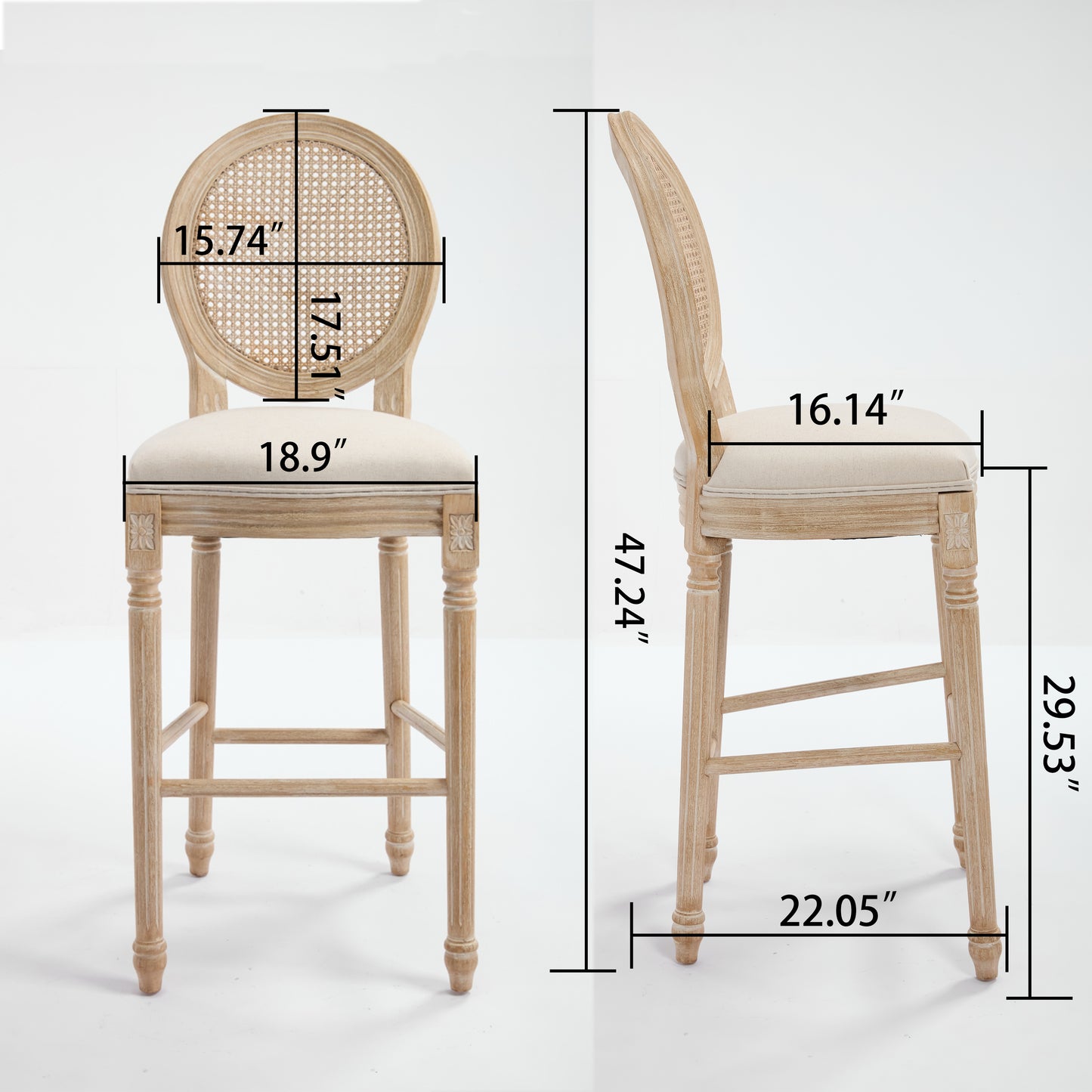 French Country Bar Stools - Set of 2 with Rattan Backrest, Beige