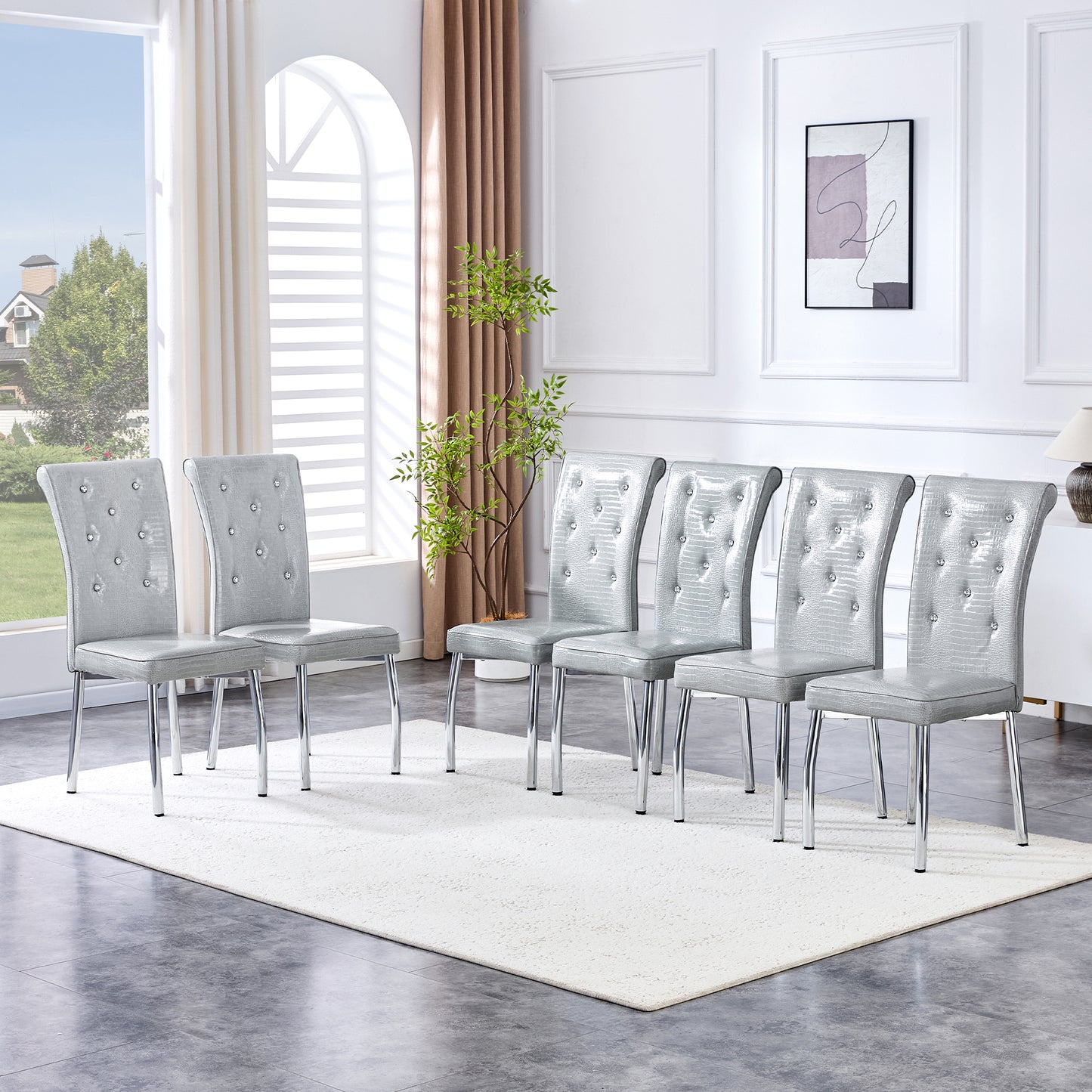 Set of 4 Gray Silvery Vintage Crocodile Leather Dining Chairs