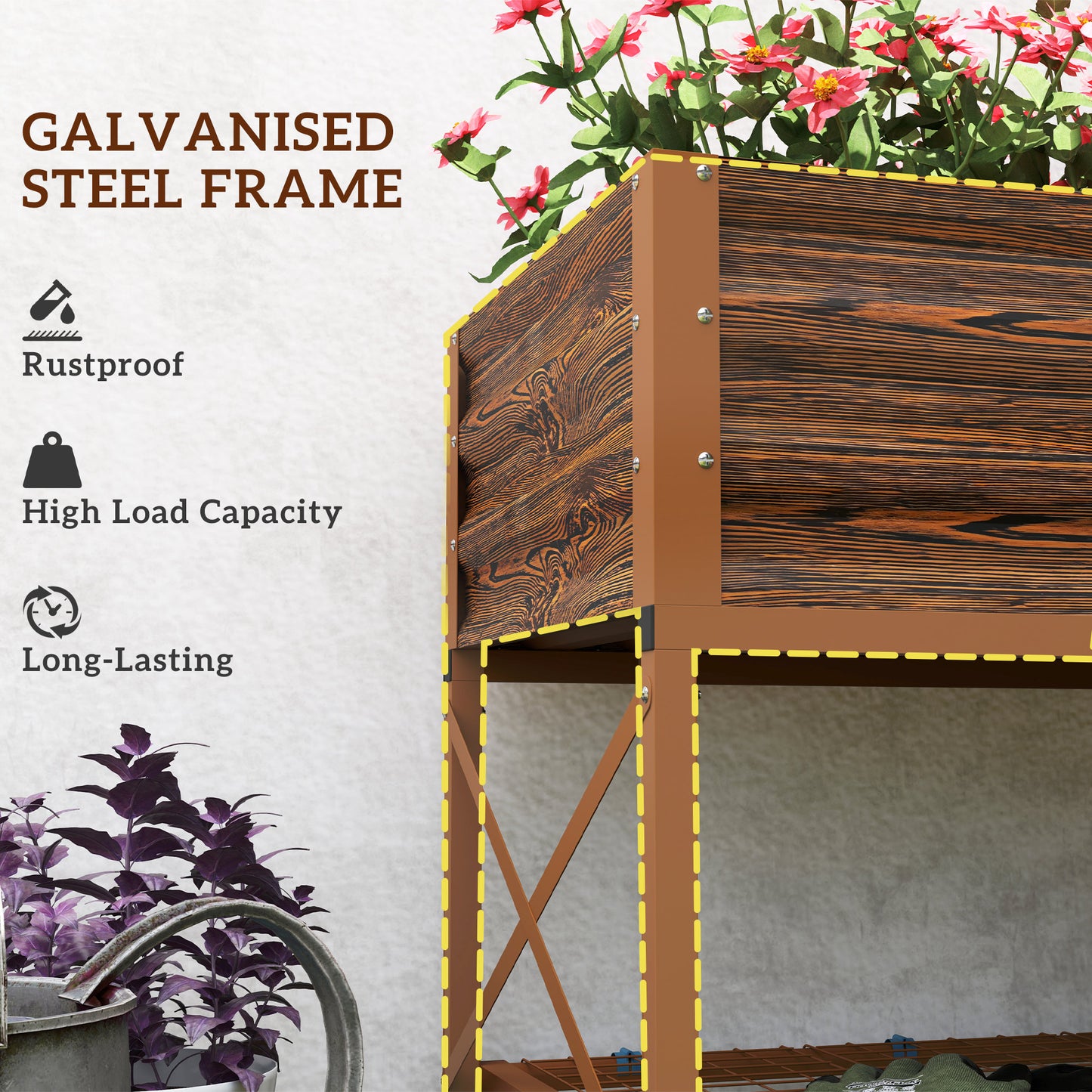 Galvanized Steel Raised Garden Bed with Storage Shelf - Dark Brown, 1180x360x95mm