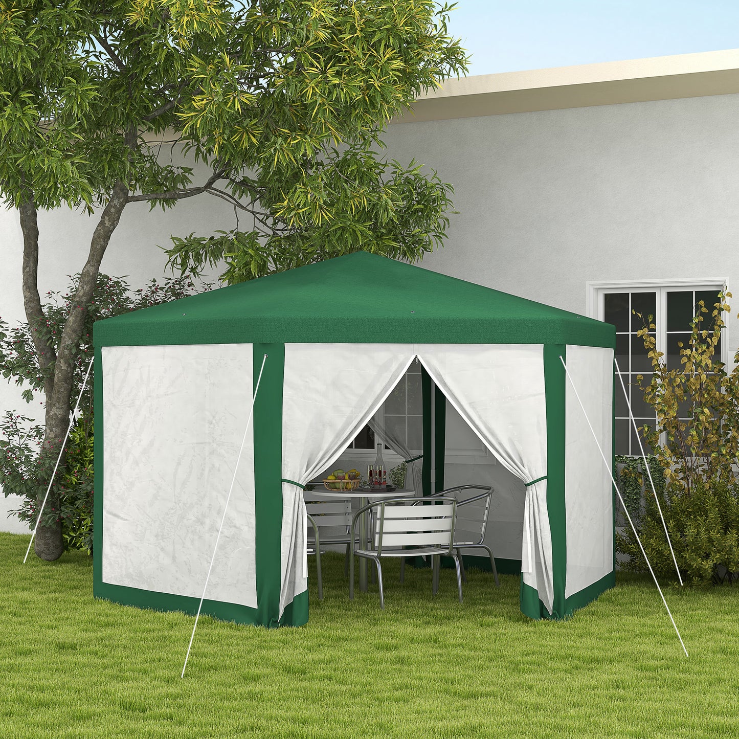 Hexagon Outdoor Party Tent with Mesh Sidewalls - Green