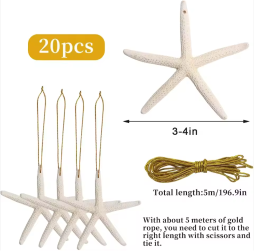 20 PCS Natural Starfish Hanging Ornaments - 3-4'' White