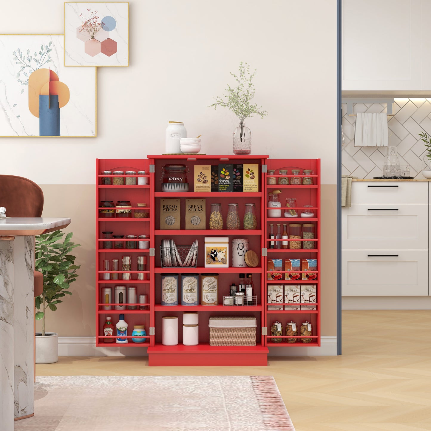 Large Kitchen Storage Cabinet with Double Doors & 5-Tier Shelving - Red