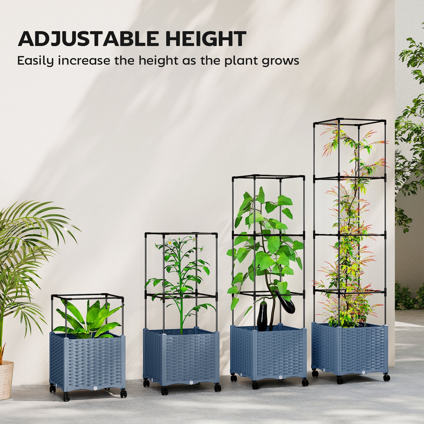 Raised Garden Bed with Trellis and Lockable Wheels - Self Watering Planter, Gray 440x440x160mm