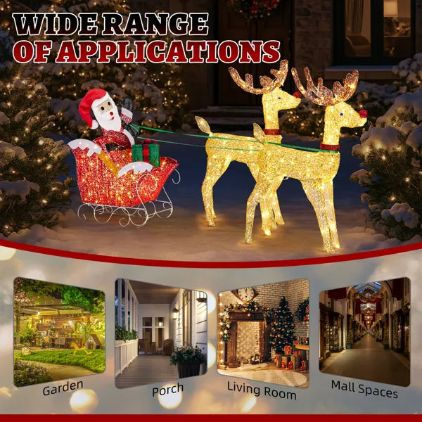 Lighted Reindeer Pulling Sleigh Christmas Decoration - Pre-lit Holiday Decor