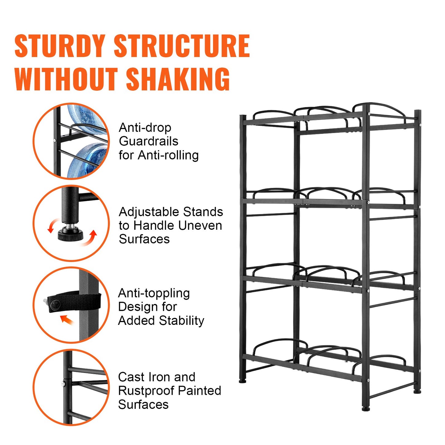 4-Tier Water Bottle Rack - Holds 8 Bottles, Black