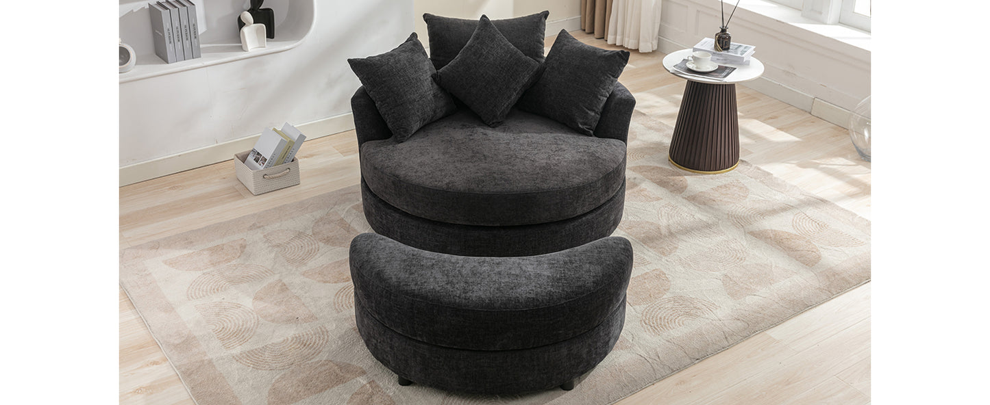 360° Swivel Accent Barrel Chair with Storage Ottoman & 4 Pillows - Gray