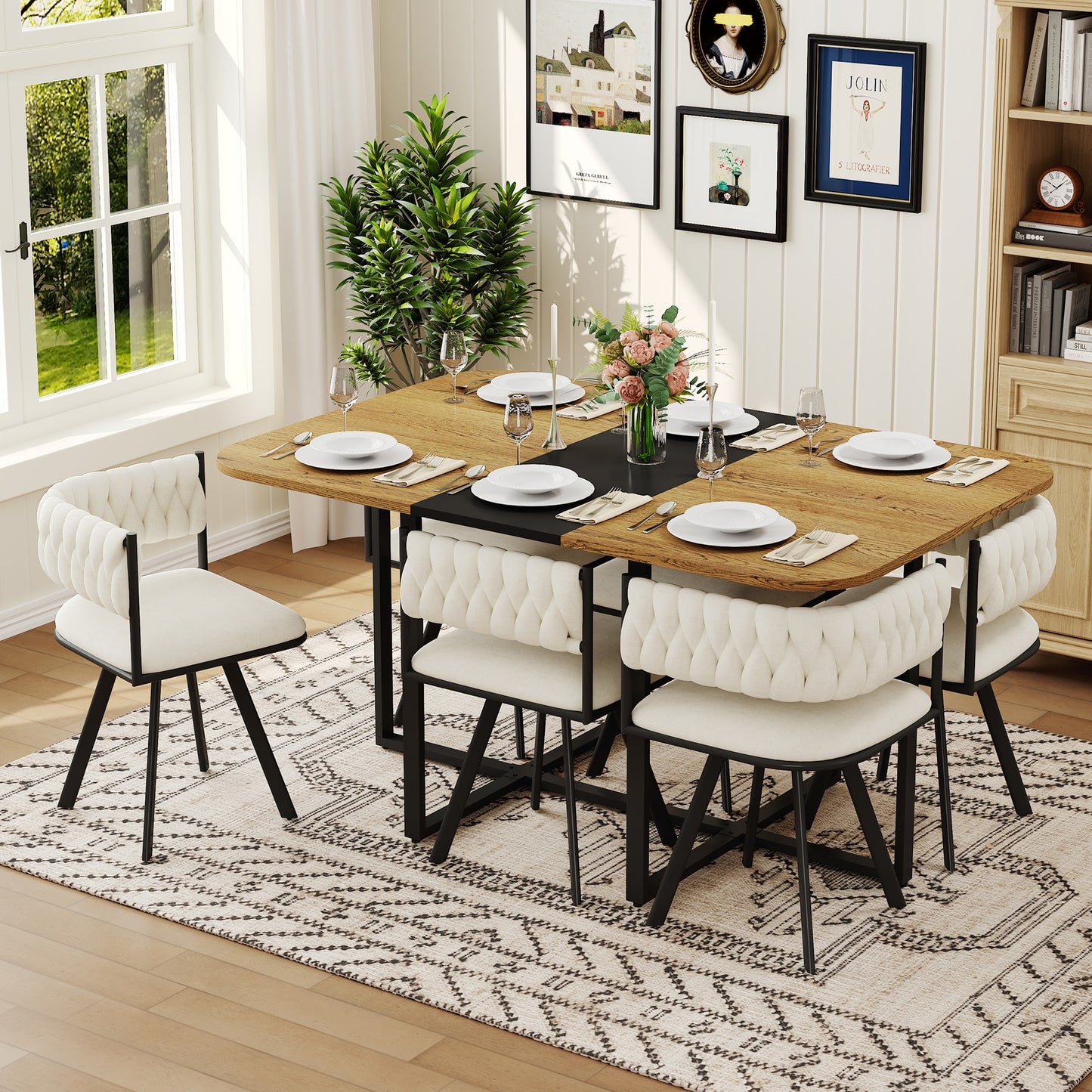 7-Piece Dining Table Set for 6 with Velvet Chairs - Beige
