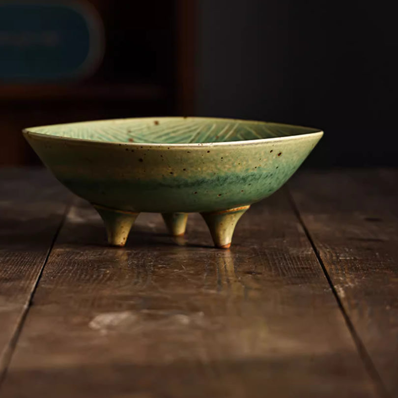 Japanese Style Coarse Ceramic Fruit Plate with Green Soup Bowl - Handmade Kitchen Serving Dish