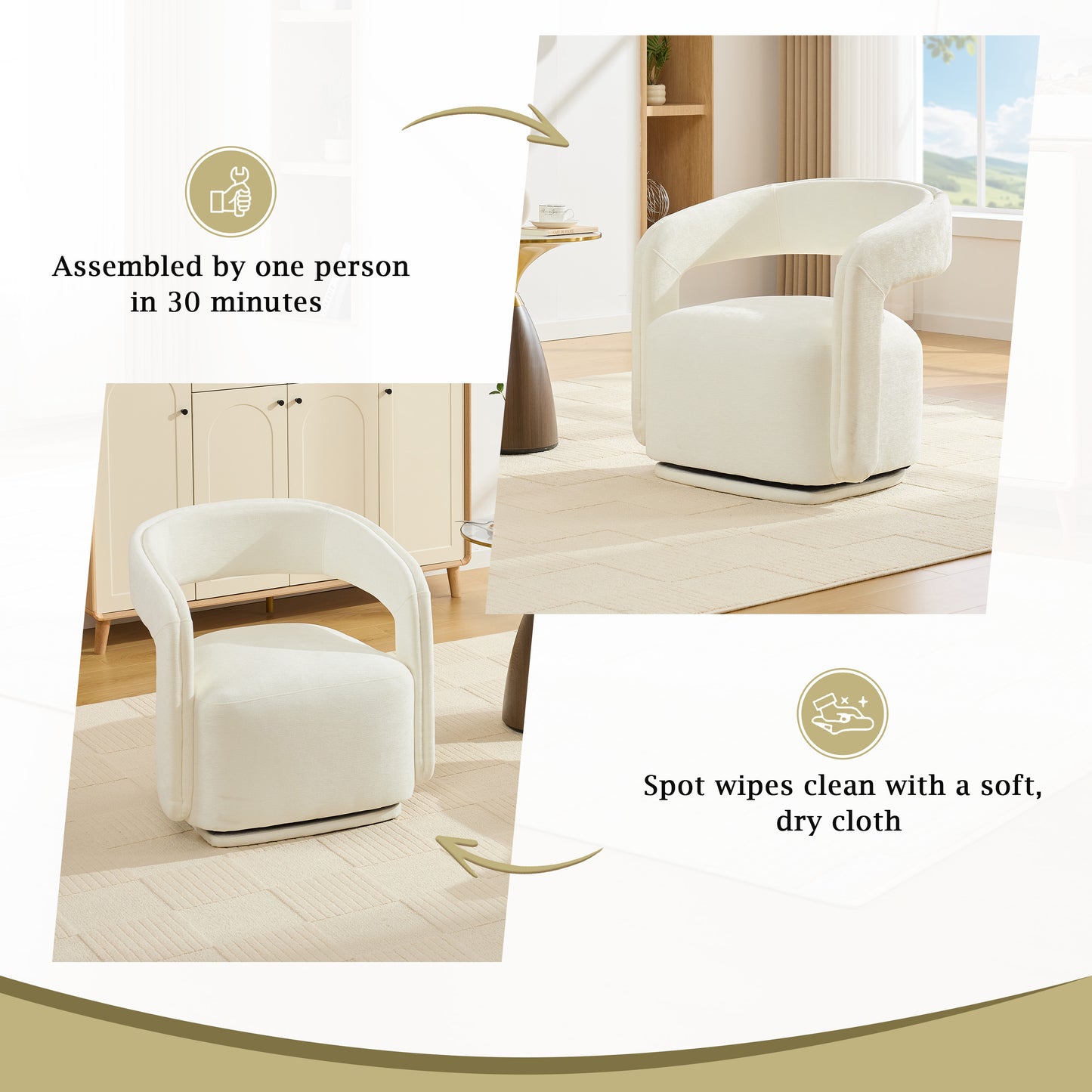 Comfy Chenille Fabric Swivel Accent Armchair - White