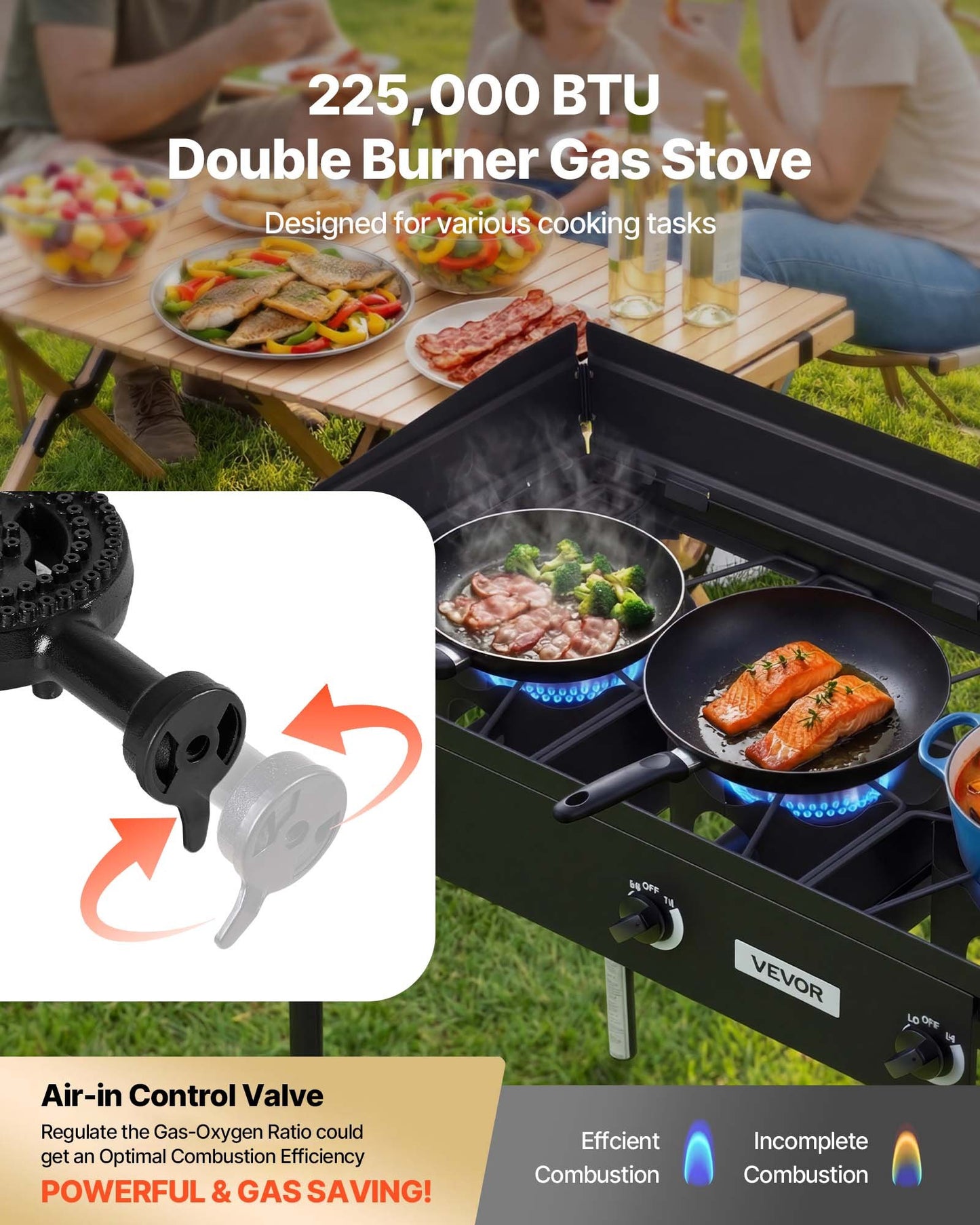 Outdoor Propane Gas Stove 3 Burners 225,000 BTU Heavy Duty Steel Camping Cooker