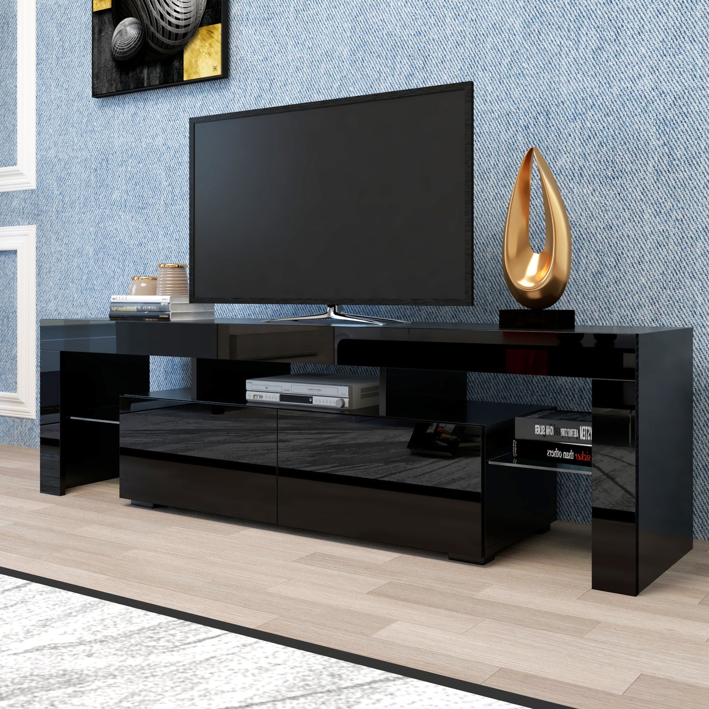 Modern Black TV Stand with LED Lights & Remote Control - 63"