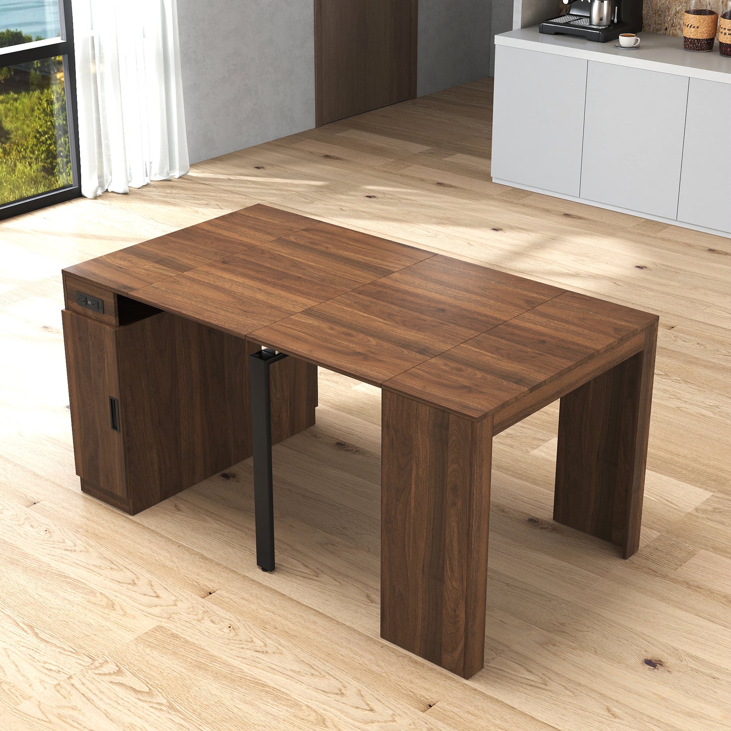 Modern Extendable Dining Table with Outlet - Walnut Finish