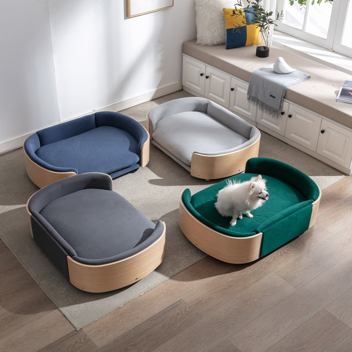 Large Scandinavian Style Elevated Dog Bed with Velvet Cushion and Solid Wood Legs