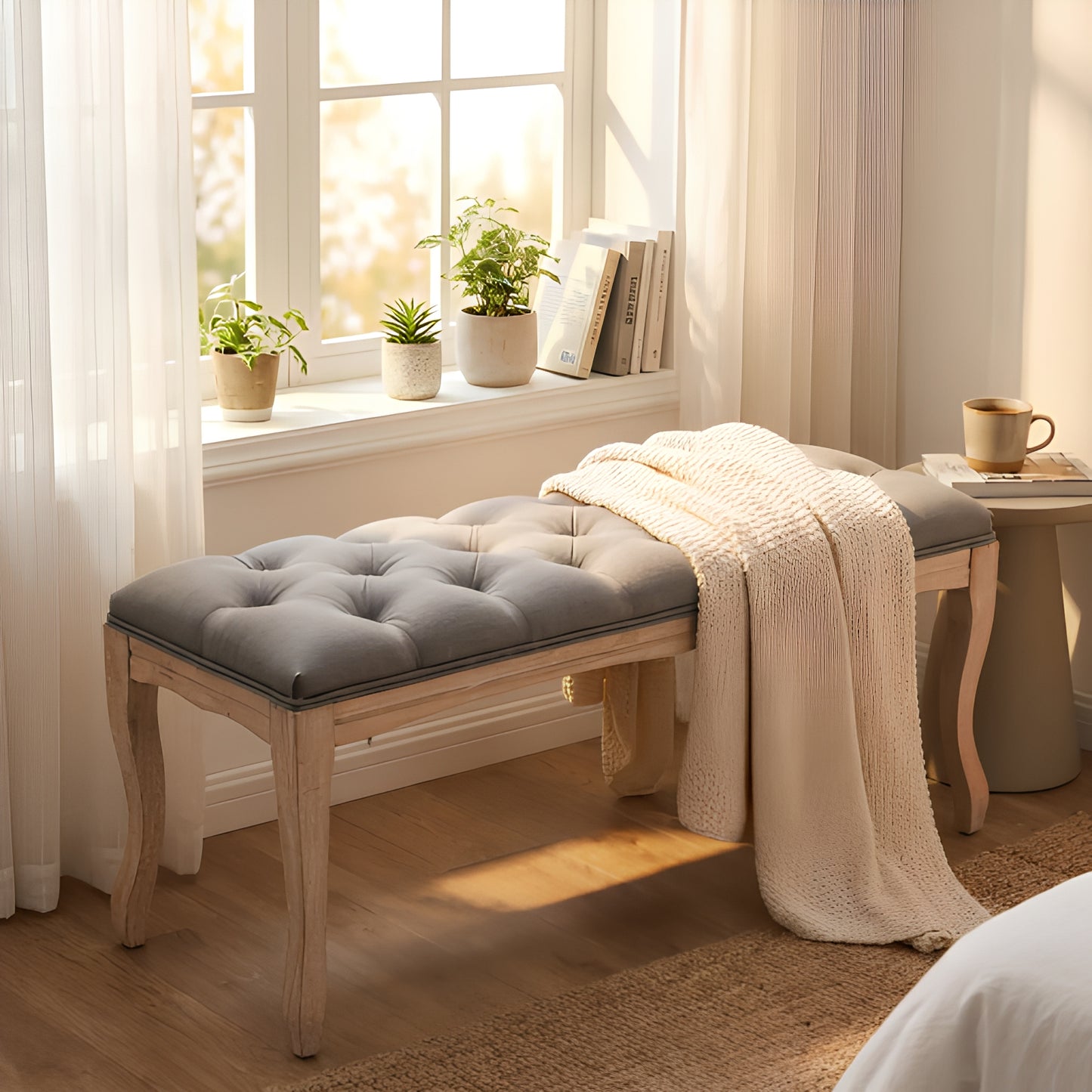French Vintage Upholstered Bench - Grey Linen, 43.3"