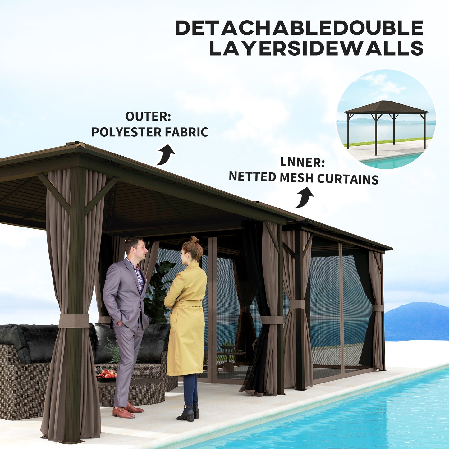 12' x 10' Hardtop Gazebo with Curtains & Netting - Coffee