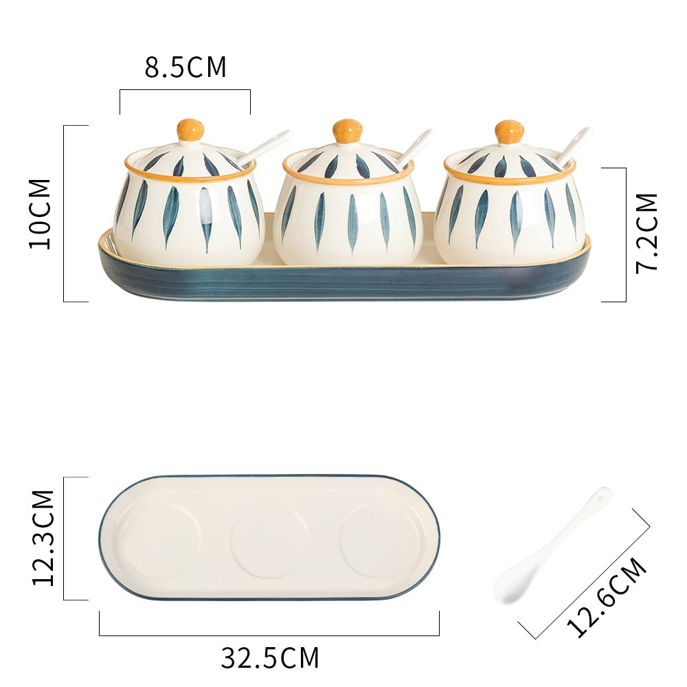 Ceramic Condiment Pot Set with Spoon - Kitchen Tableware, Household