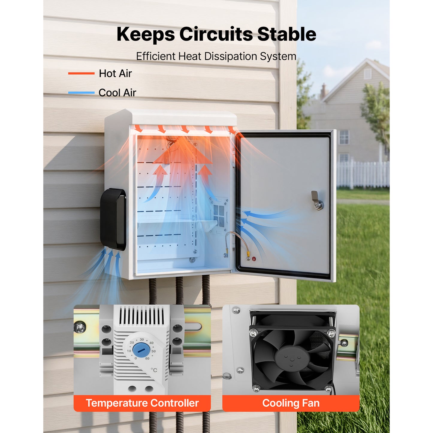 Outdoor Electrical Junction Box with Thermostat Fan Rain Hood Waterproof Enclosure 20x16x8