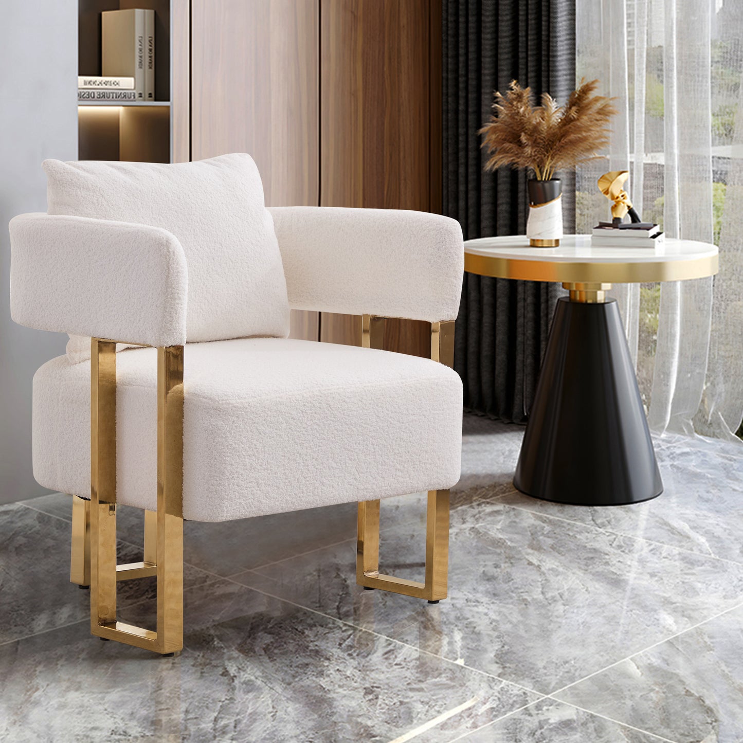 Modern Decorative Chair with Gold Metal Legs - White