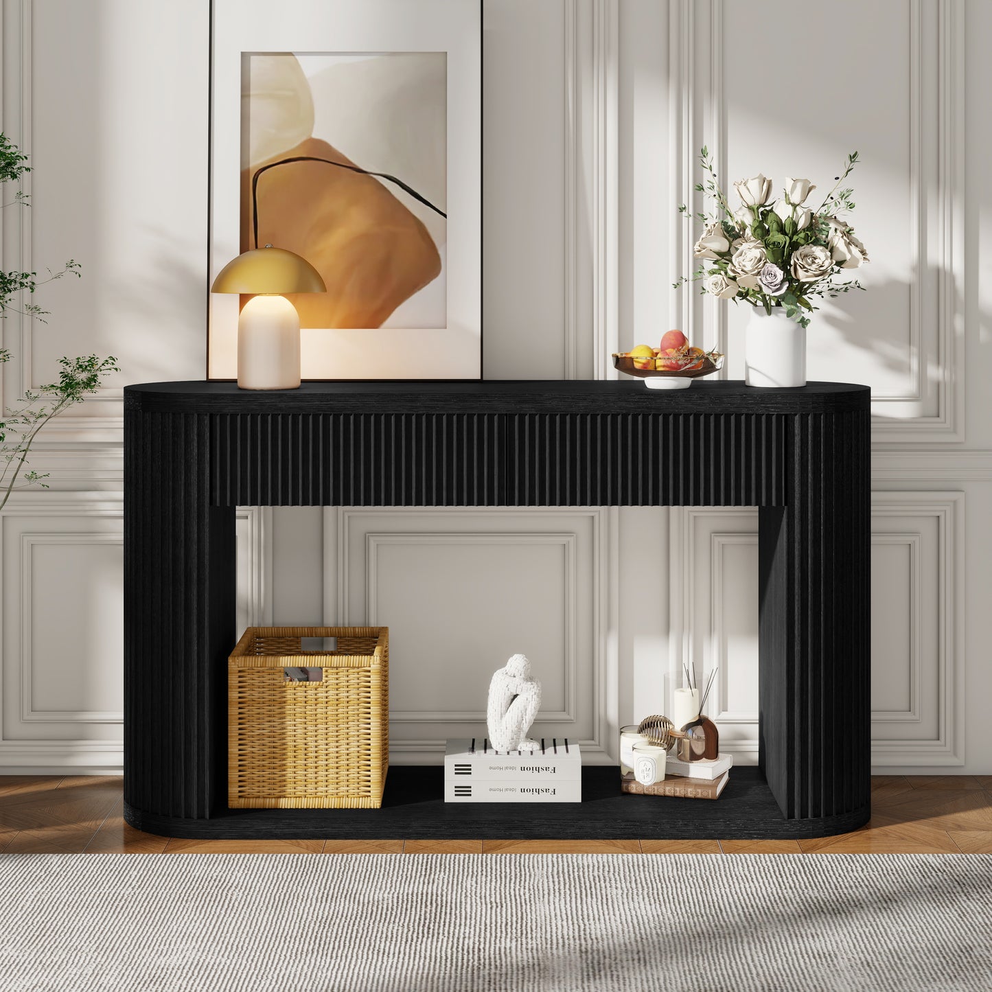 Oval Fluted Console Table with 2 Drawers & Bottom Shelf - Black