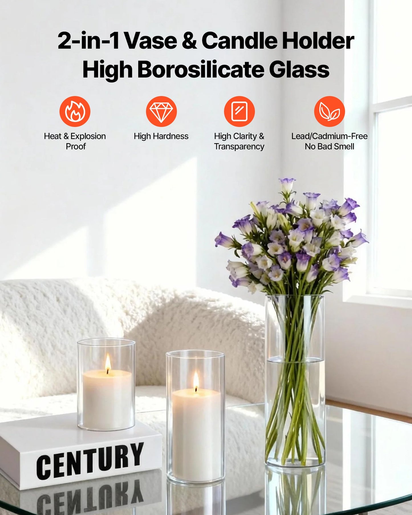 Set of 36 Clear Glass Vases and Pillar Candles for Wedding & Event Decor