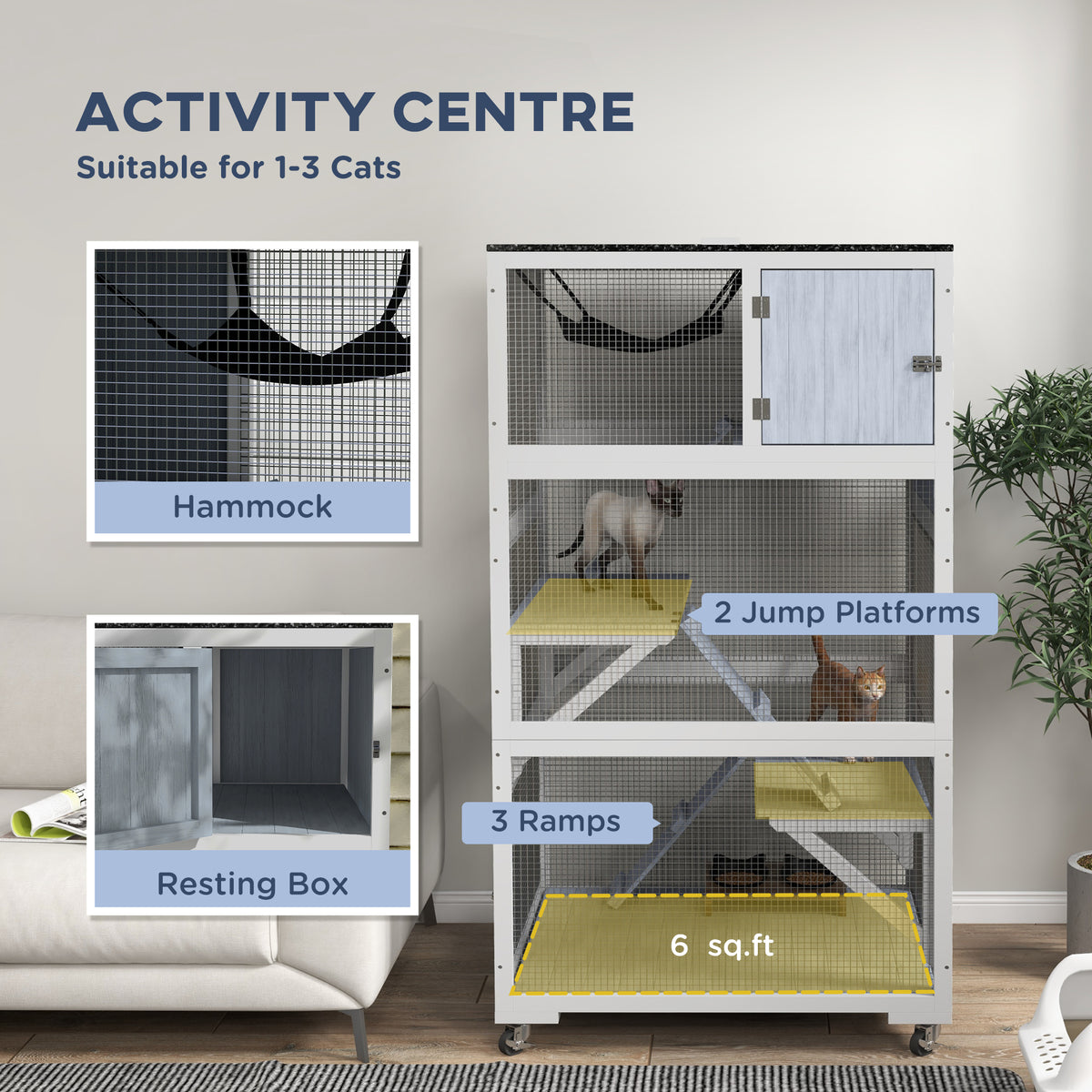 Outdoor Cat Enclosure House with Wheels, Hammock & Ramps, Gray - 970x630x335mm