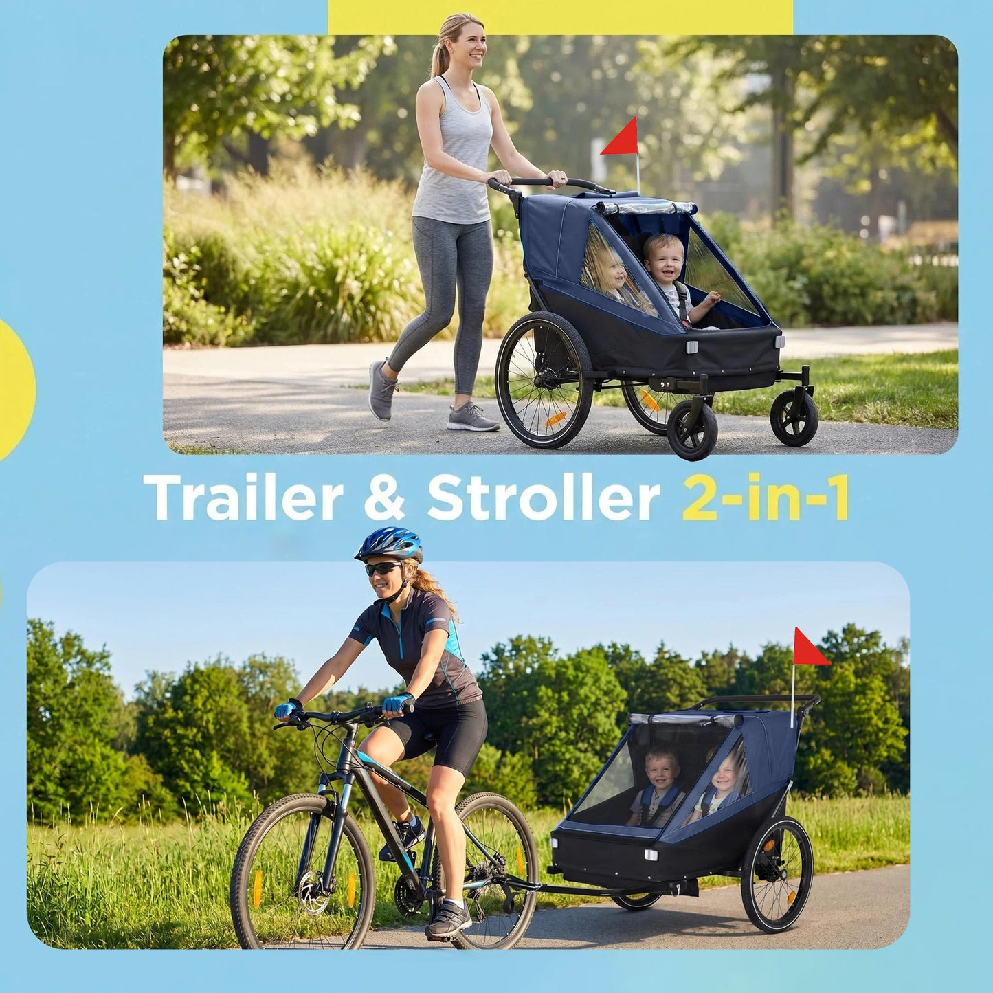 2 In 1 Kids Bike Trailer And Stroller For To Children, Jogging