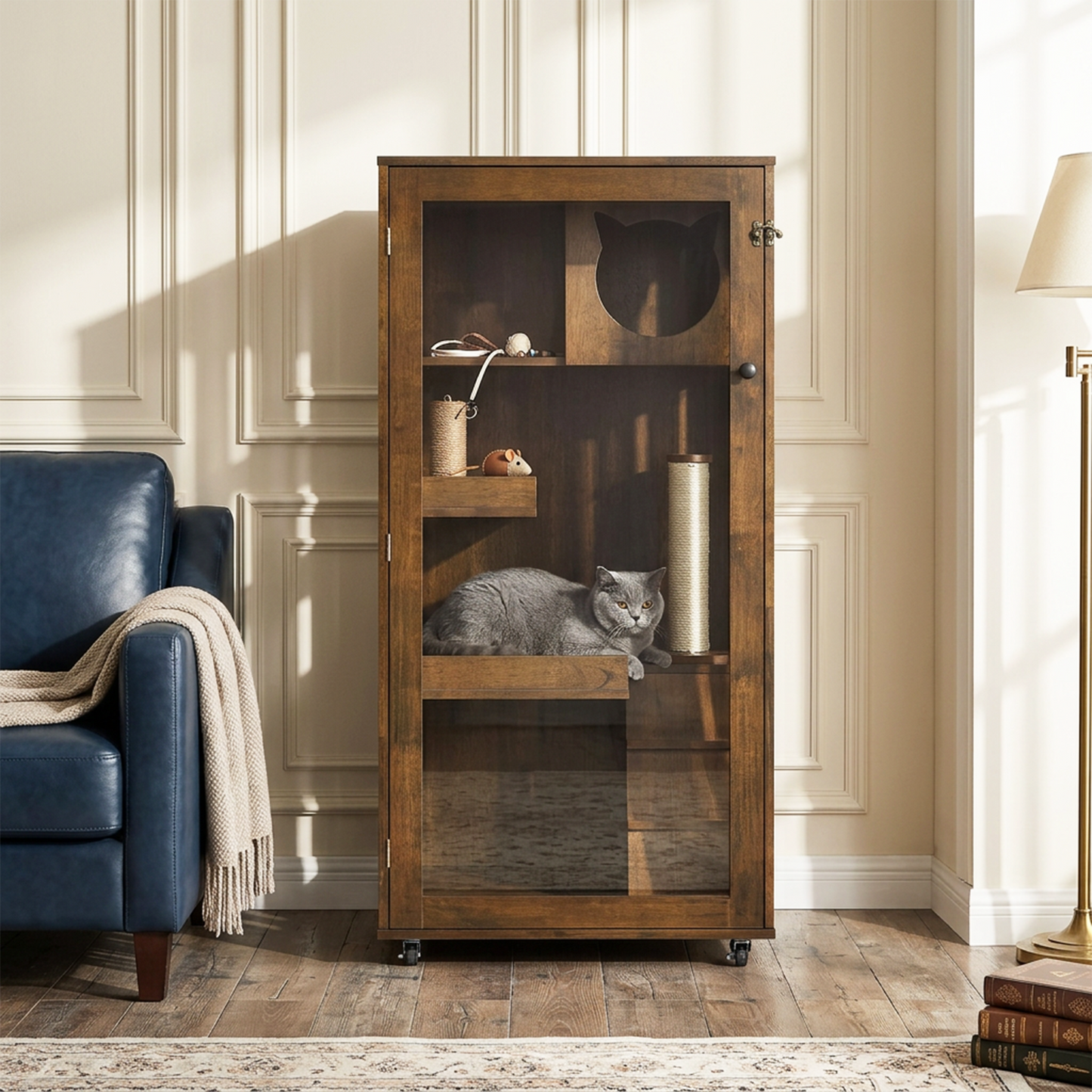 Indoor Rubber Wood Cat Enclosure with Multi-Level Shelves & Lockable Door - Brown Oak Finish