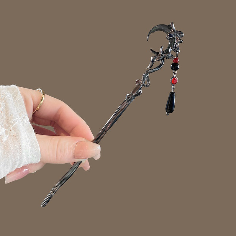 Ancient Style Moon Hairpin with Tassel - Black Alloy Hair Accessory