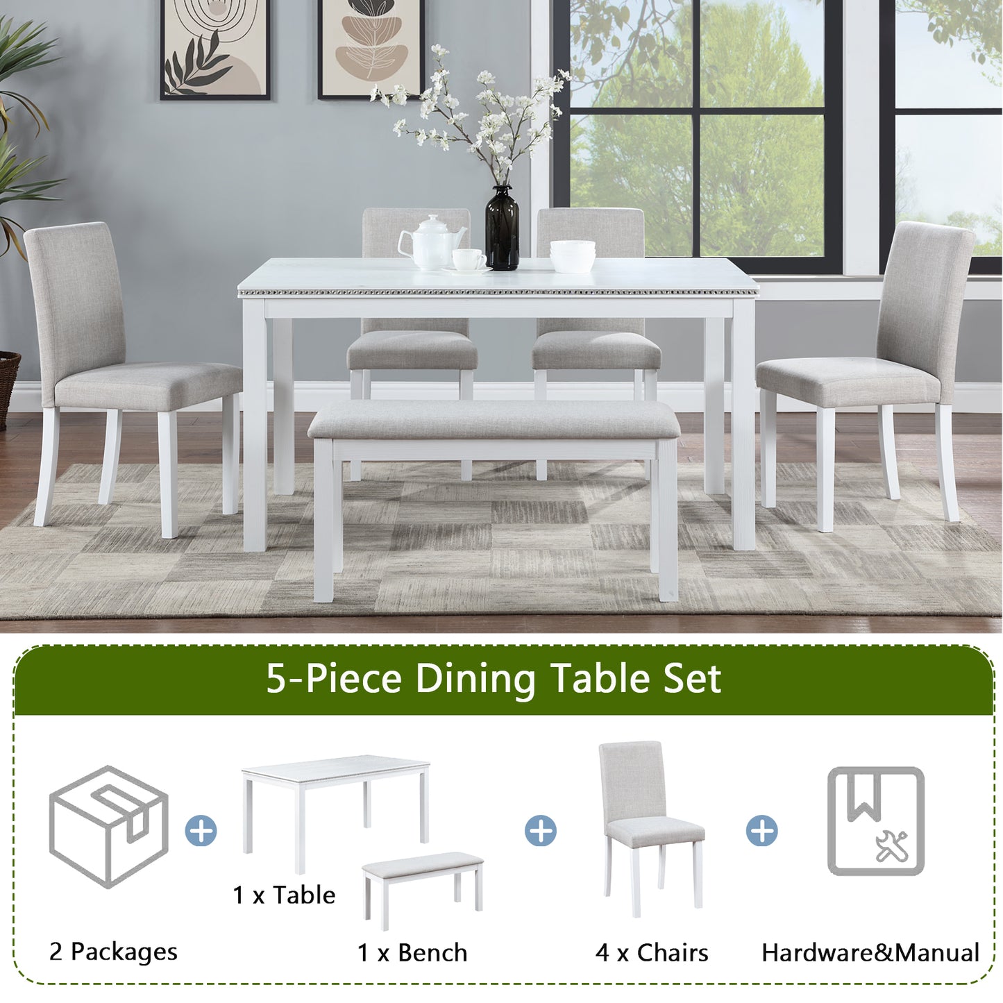 6-Piece Wooden Dining Table Set with 4 Chairs & Bench - White