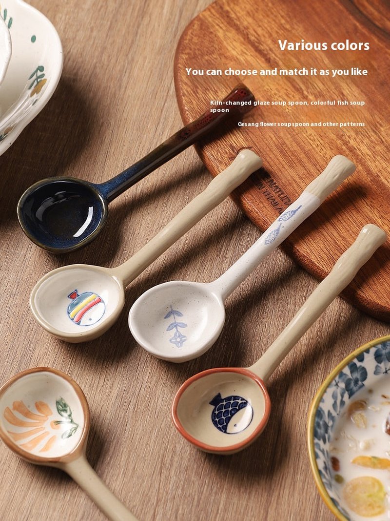 Ceramic Small Fish & Flower Soup Spoons Set - Kitchen Utensils for Dining