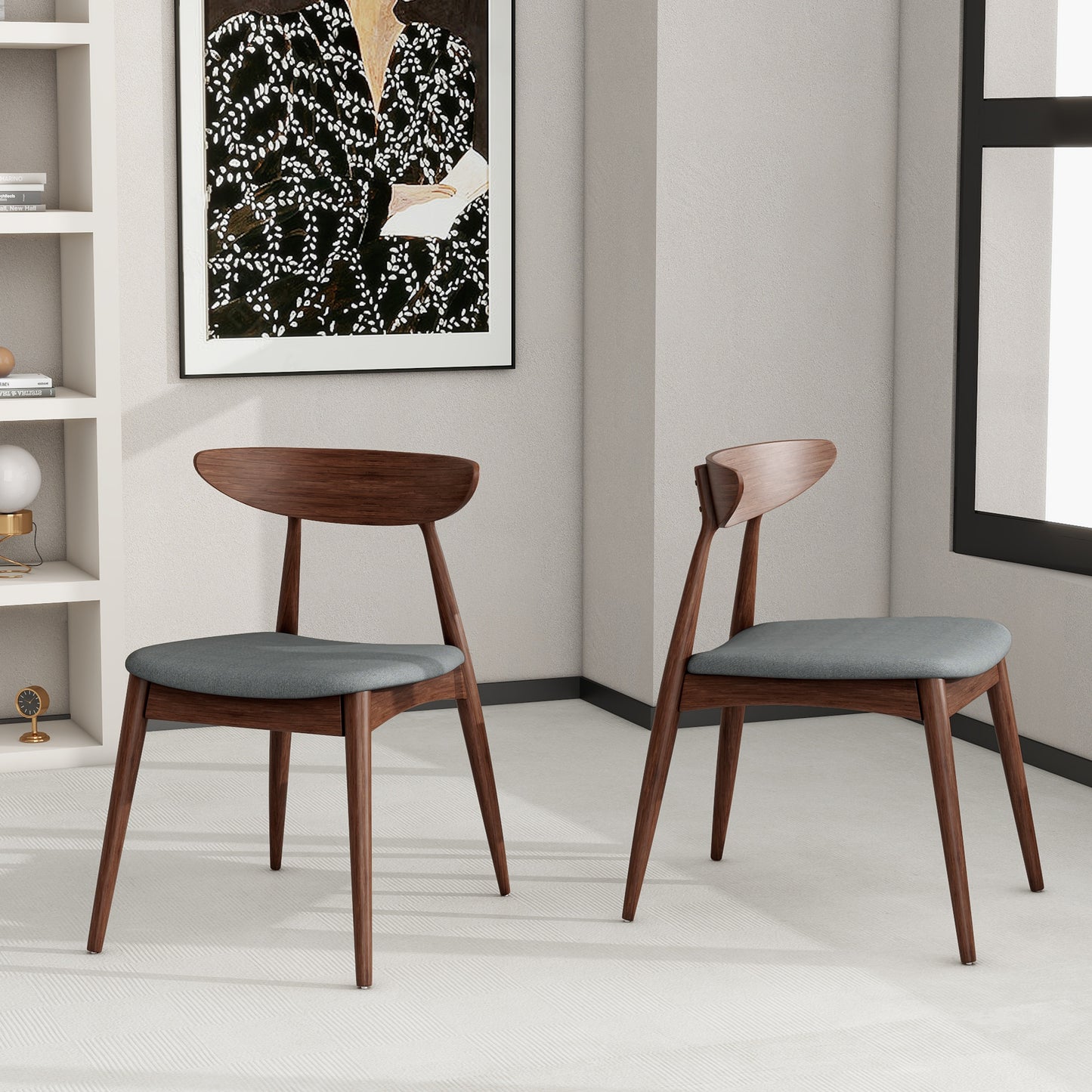 Set of 2 Retro Rubberwood Dining Chairs with Cushions - Light Gray & Walnut