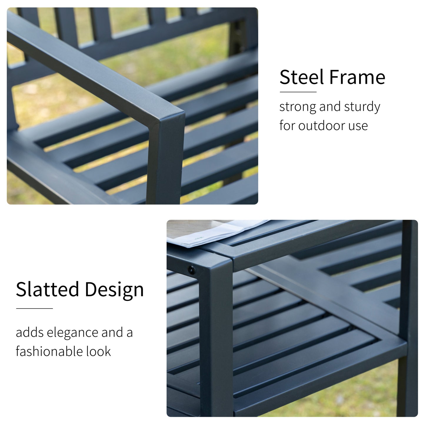 Metal Garden Bench with Table & Umbrella Hole - Black