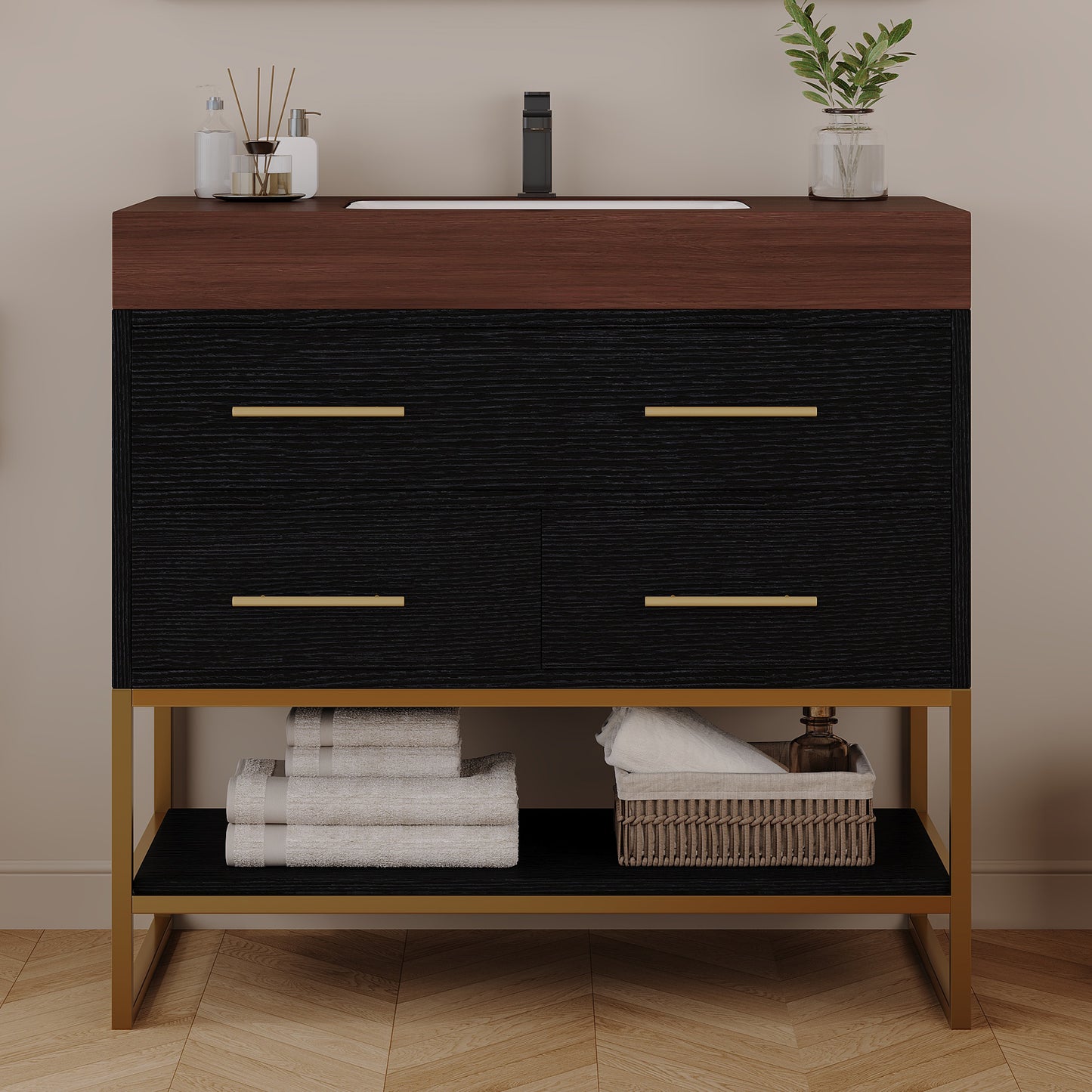 36" Modern Artificial Stone Bathroom Vanity with Ceramic Sink - Black Walnut