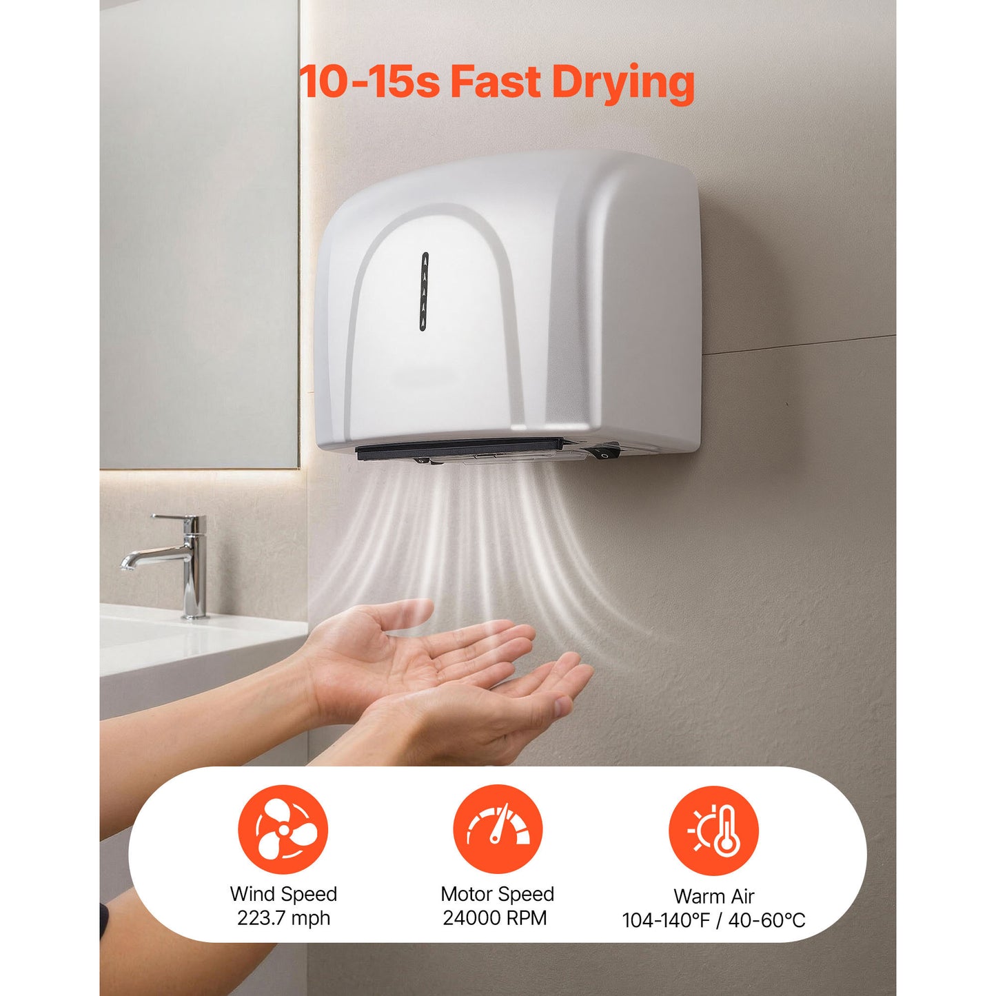 1300W Automatic Hand Dryer with HEPA Filter for Bathroom - Wall-Mounted, Fast Drying