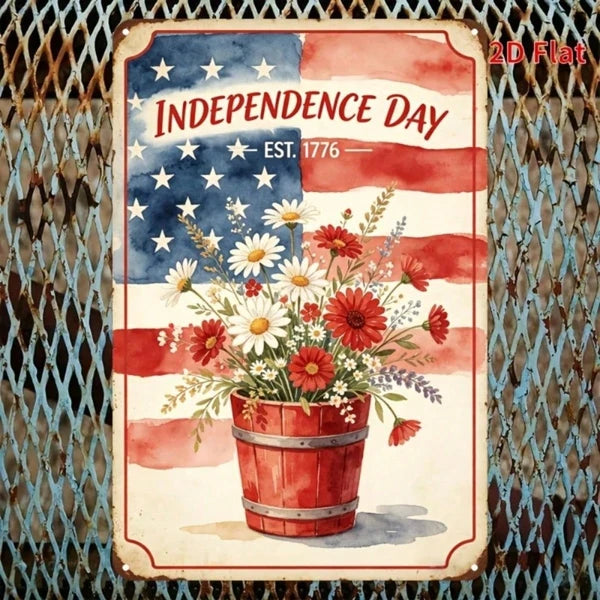 Patriotic Independence Day Floral Metal Tin Sign - 7.87 Inch